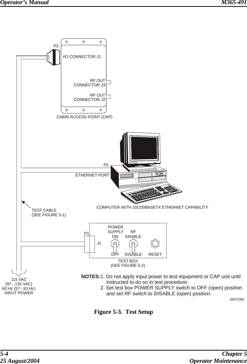 Operator’s Manual  M365-491      CABIN ACCESS POINT (CAP)NOTES:1. Do not apply input power to test equipment or CAP unit until instructed to do so in test procedure.2. Set   switch to OFF (open) position and set RF switch to DISABLE (open) position.test box POWER SUPPLY0407265-COMPUTER WITH 10/100BASETX ETHERNET CAPABILITYP2P1115 VAC(97 - 134 VAC)60 Hz (57 - 63 Hz)INPUT POWERTEST CABLE(SEE FIGURE 5-1)TEST BOX(SEE FIGURE 5-2)P3J1ETHERNET PORTRF OUTCONNECTOR J2I/O CONNECTOR J1POWERSUPPLYOFFON RFENABLEDISABLE RESETRF OUTCONNECTOR J3  Figure 5-3.  Test Setup  5-4  Chapter 5 25 August/2004  Operator Maintenance 