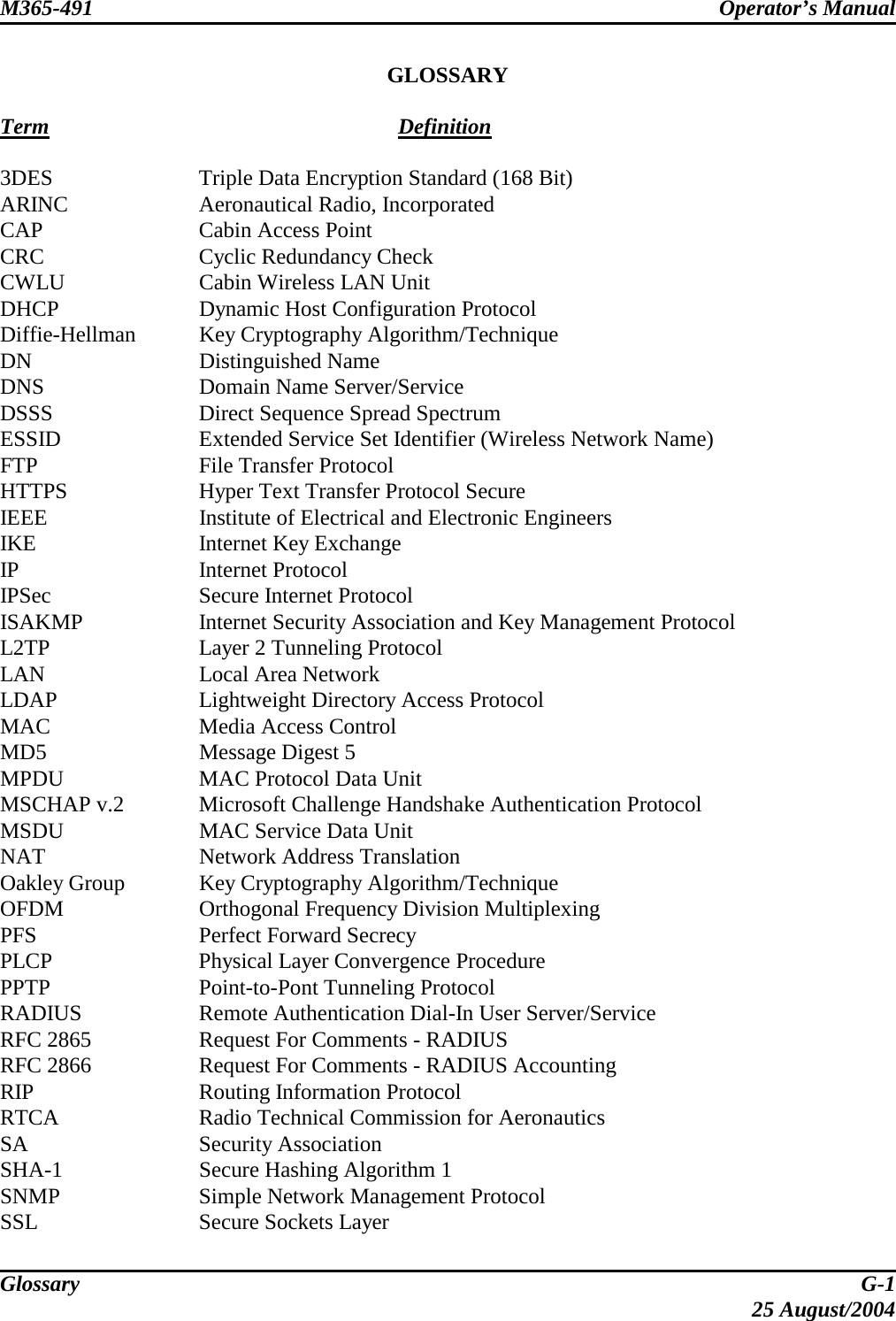 M365-491 Operator’s Manual   GLOSSARY  Term Definition 3DES  Triple Data Encryption Standard (168 Bit) ARINC  Aeronautical Radio, Incorporated CAP  Cabin Access Point CRC  Cyclic Redundancy Check CWLU  Cabin Wireless LAN Unit DHCP  Dynamic Host Configuration Protocol Diffie-Hellman  Key Cryptography Algorithm/Technique DN Distinguished Name DNS  Domain Name Server/Service DSSS  Direct Sequence Spread Spectrum ESSID  Extended Service Set Identifier (Wireless Network Name) FTP  File Transfer Protocol HTTPS  Hyper Text Transfer Protocol Secure IEEE  Institute of Electrical and Electronic Engineers IKE  Internet Key Exchange IP Internet Protocol IPSec  Secure Internet Protocol ISAKMP  Internet Security Association and Key Management Protocol L2TP  Layer 2 Tunneling Protocol LAN  Local Area Network LDAP  Lightweight Directory Access Protocol MAC  Media Access Control MD5  Message Digest 5 MPDU  MAC Protocol Data Unit MSCHAP v.2  Microsoft Challenge Handshake Authentication Protocol MSDU  MAC Service Data Unit NAT  Network Address Translation Oakley Group  Key Cryptography Algorithm/Technique OFDM  Orthogonal Frequency Division Multiplexing PFS  Perfect Forward Secrecy PLCP  Physical Layer Convergence Procedure PPTP Point-to-Pont Tunneling Protocol RADIUS  Remote Authentication Dial-In User Server/Service RFC 2865  Request For Comments - RADIUS RFC 2866  Request For Comments - RADIUS Accounting RIP  Routing Information Protocol RTCA  Radio Technical Commission for Aeronautics SA Security Association SHA-1  Secure Hashing Algorithm 1 SNMP Simple Network Management Protocol SSL  Secure Sockets Layer Glossary  G-1  25 August/2004 