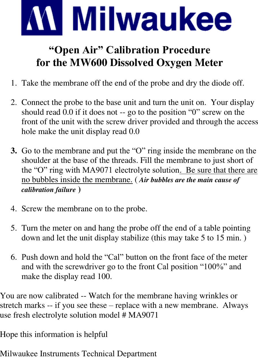 Page 1 of 1 - Milwaukee-Instruments Milwaukee-Instruments-Milwaukee-Instruments-Respiratory-Product-Mw600-Users-Manual- “Open Air” Calibration Procedure For The SM 600 DO Meter  Milwaukee-instruments-milwaukee-instruments-respiratory-product-mw600-users-manual