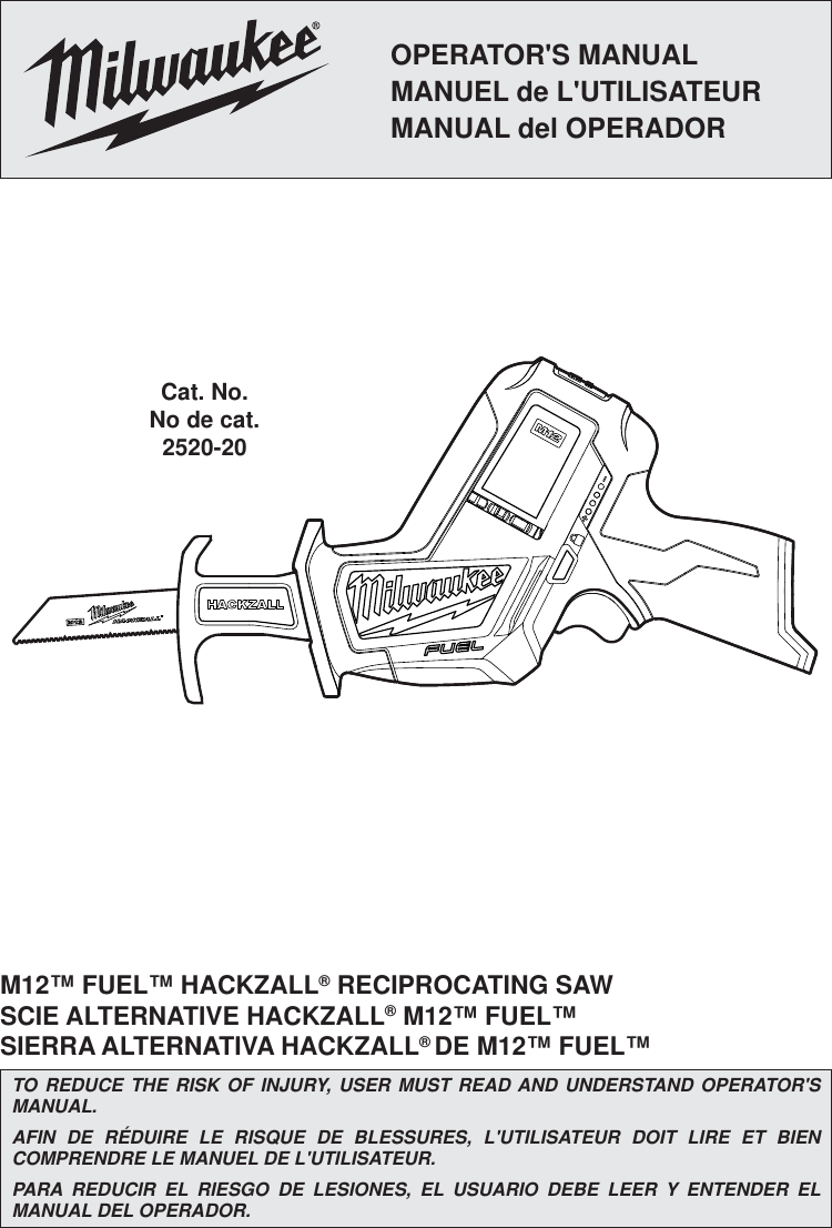 Page 1 of 11 - Milwaukee 2520-20 User Manual  To The 74de8c90-af47-4695-a551-9f6742b101e6