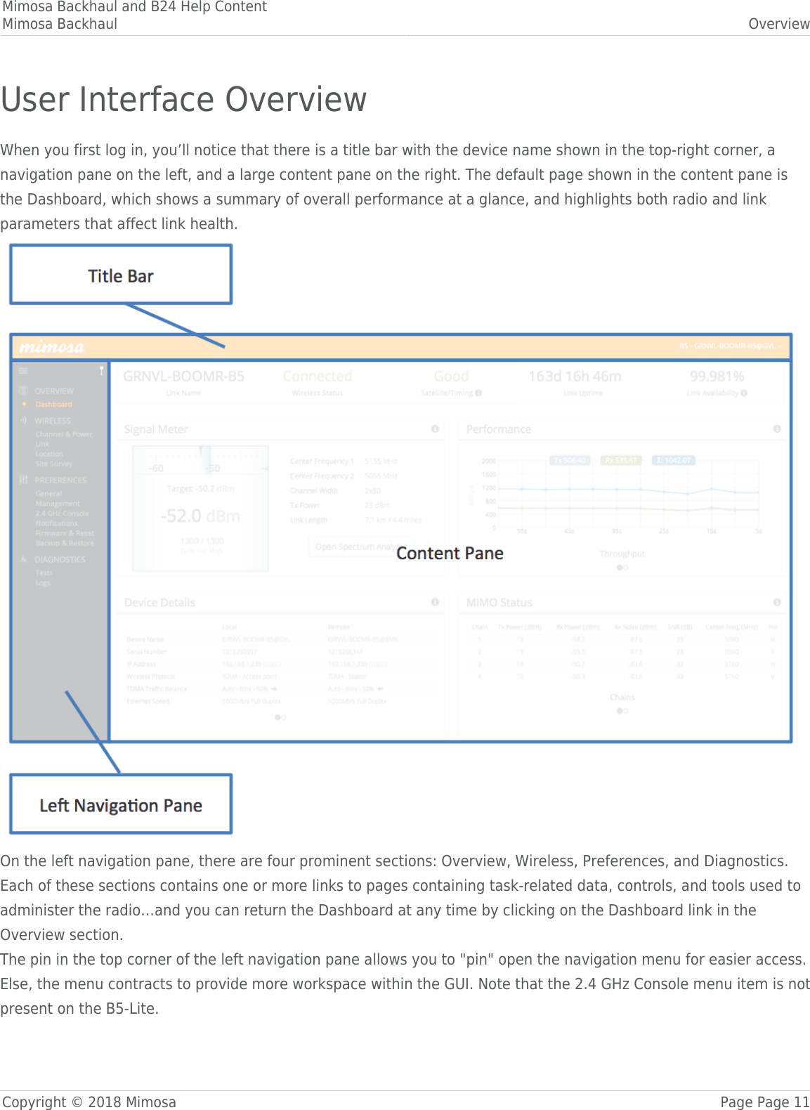 Mimosa Backhaul and B24 Help ContentMimosa Backhaul OverviewCopyright © 2018 Mimosa Page Page 11User Interface OverviewWhen you first log in, you’ll notice that there is a title bar with the device name shown in the top-right corner, anavigation pane on the left, and a large content pane on the right. The default page shown in the content pane isthe Dashboard, which shows a summary of overall performance at a glance, and highlights both radio and linkparameters that affect link health.On the left navigation pane, there are four prominent sections: Overview, Wireless, Preferences, and Diagnostics.Each of these sections contains one or more links to pages containing task-related data, controls, and tools used toadminister the radio…and you can return the Dashboard at any time by clicking on the Dashboard link in theOverview section.The pin in the top corner of the left navigation pane allows you to &quot;pin&quot; open the navigation menu for easier access.Else, the menu contracts to provide more workspace within the GUI. Note that the 2.4 GHz Console menu item is notpresent on the B5-Lite.