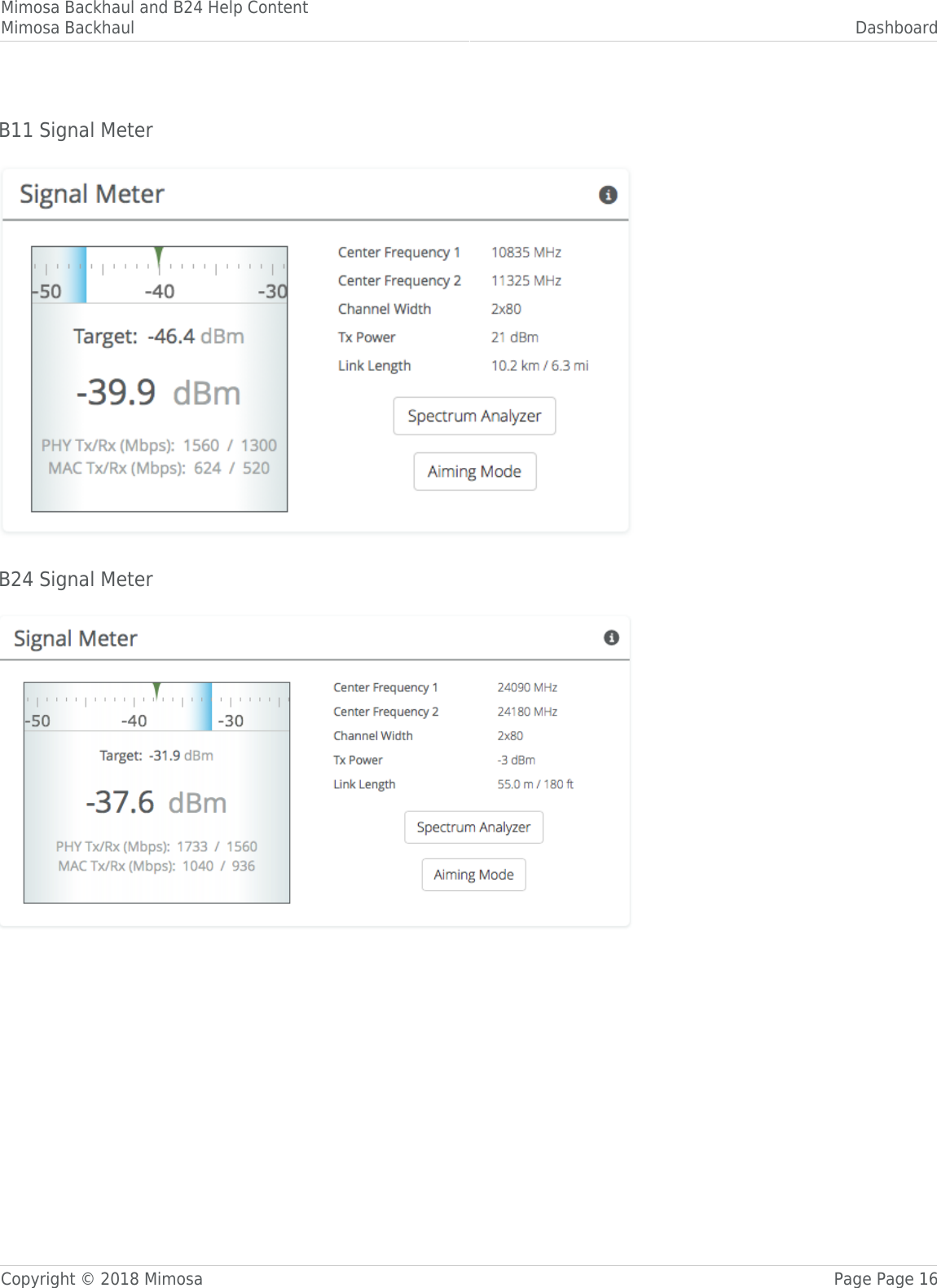 Mimosa Backhaul and B24 Help ContentMimosa Backhaul DashboardCopyright © 2018 Mimosa Page Page 16B11 Signal MeterB24 Signal Meter