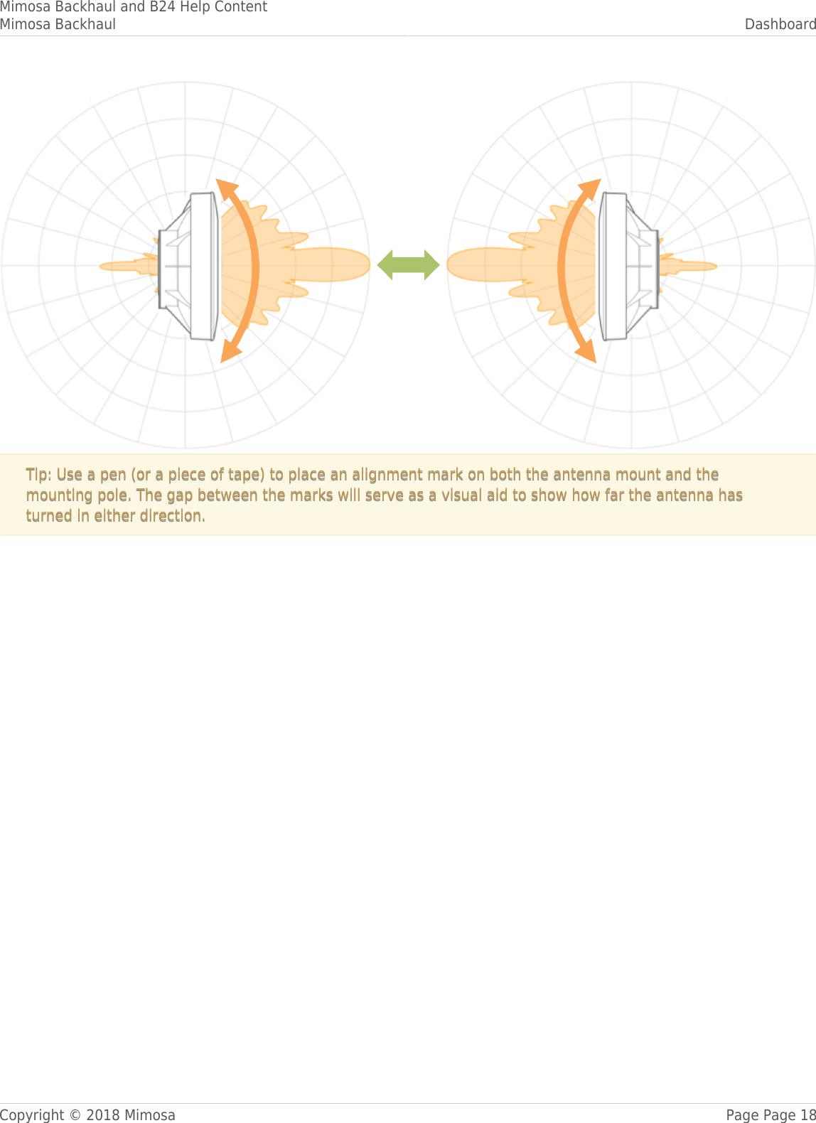 Mimosa Backhaul and B24 Help ContentMimosa Backhaul DashboardCopyright © 2018 Mimosa Page Page 18Tip: Use a pen (or a piece of tape) to place an alignment mark on both the antenna mount and theTip: Use a pen (or a piece of tape) to place an alignment mark on both the antenna mount and themounting pole. The gap between the marks will serve as a visual aid to show how far the antenna hasmounting pole. The gap between the marks will serve as a visual aid to show how far the antenna hasturned in either direction.turned in either direction.