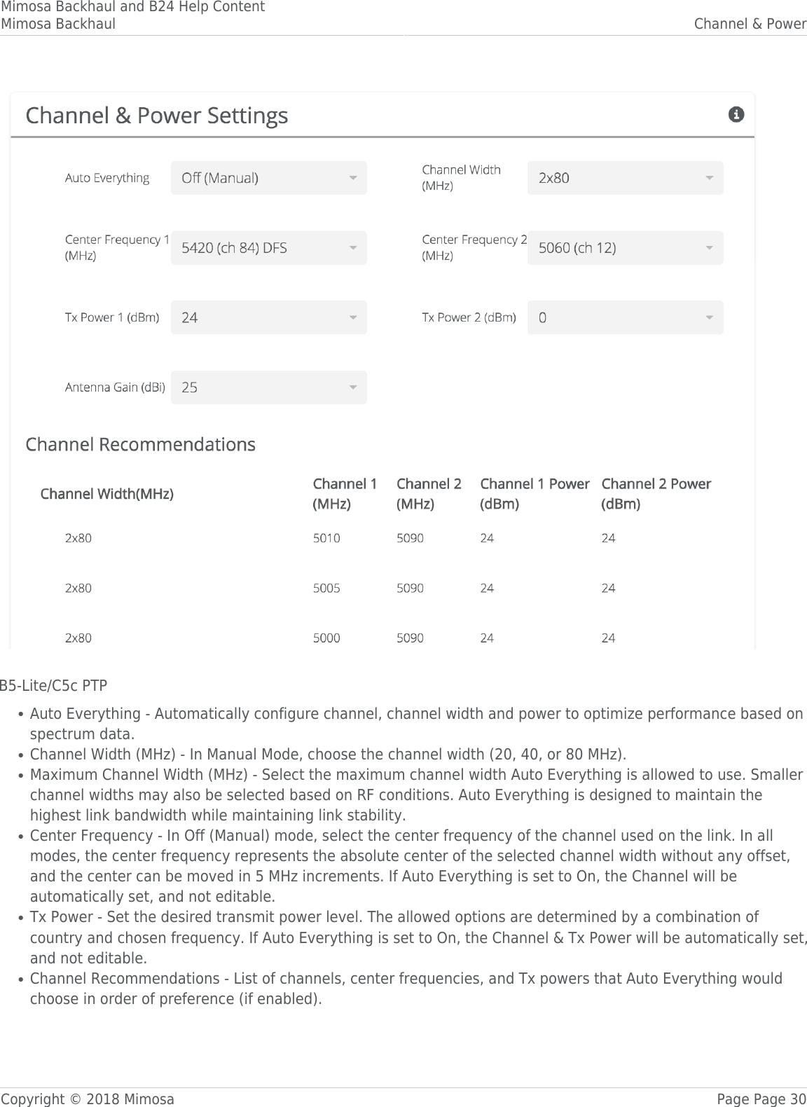 Mimosa Backhaul and B24 Help ContentMimosa Backhaul Channel &amp; PowerCopyright © 2018 Mimosa Page Page 30 B5-Lite/C5c PTPAuto Everything - Automatically configure channel, channel width and power to optimize performance based on●spectrum data.Channel Width (MHz) - In Manual Mode, choose the channel width (20, 40, or 80 MHz). ●Maximum Channel Width (MHz) - Select the maximum channel width Auto Everything is allowed to use. Smaller●channel widths may also be selected based on RF conditions. Auto Everything is designed to maintain thehighest link bandwidth while maintaining link stability.Center Frequency - In Off (Manual) mode, select the center frequency of the channel used on the link. In all●modes, the center frequency represents the absolute center of the selected channel width without any offset,and the center can be moved in 5 MHz increments. If Auto Everything is set to On, the Channel will beautomatically set, and not editable.Tx Power - Set the desired transmit power level. The allowed options are determined by a combination of●country and chosen frequency. If Auto Everything is set to On, the Channel &amp; Tx Power will be automatically set,and not editable. Channel Recommendations - List of channels, center frequencies, and Tx powers that Auto Everything would●choose in order of preference (if enabled). 