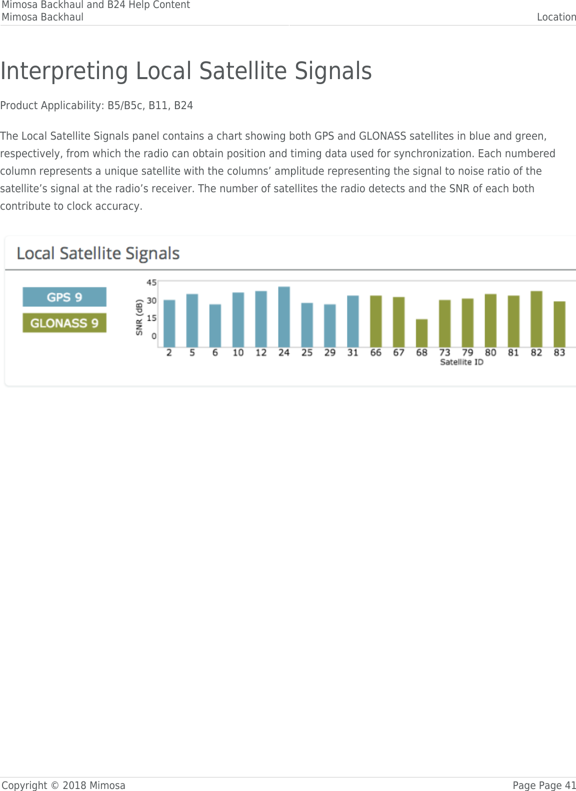 Mimosa Backhaul and B24 Help ContentMimosa Backhaul LocationCopyright © 2018 Mimosa Page Page 41Interpreting Local Satellite SignalsProduct Applicability: B5/B5c, B11, B24 The Local Satellite Signals panel contains a chart showing both GPS and GLONASS satellites in blue and green,respectively, from which the radio can obtain position and timing data used for synchronization. Each numberedcolumn represents a unique satellite with the columns’ amplitude representing the signal to noise ratio of thesatellite’s signal at the radio’s receiver. The number of satellites the radio detects and the SNR of each bothcontribute to clock accuracy. 