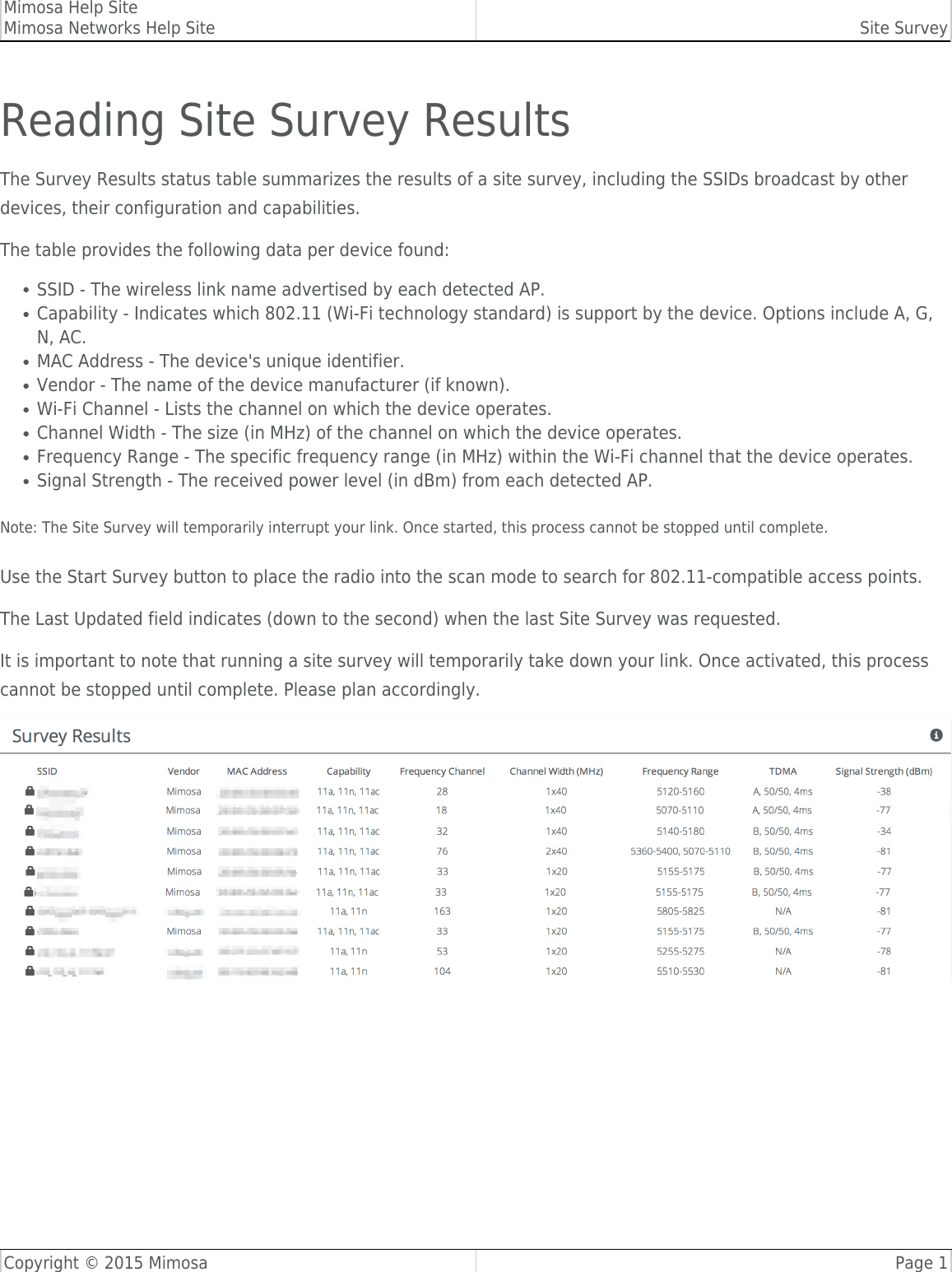 Mimosa Help SiteMimosa Networks Help Site Site SurveyCopyright © 2015 Mimosa Page 1Reading Site Survey ResultsThe Survey Results status table summarizes the results of a site survey, including the SSIDs broadcast by otherdevices, their configuration and capabilities.The table provides the following data per device found:SSID - The wireless link name advertised by each detected AP.●Capability - Indicates which 802.11 (Wi-Fi technology standard) is support by the device. Options include A, G,●N, AC.MAC Address - The device&apos;s unique identifier.●Vendor - The name of the device manufacturer (if known).●Wi-Fi Channel - Lists the channel on which the device operates.●Channel Width - The size (in MHz) of the channel on which the device operates.●Frequency Range - The specific frequency range (in MHz) within the Wi-Fi channel that the device operates.●Signal Strength - The received power level (in dBm) from each detected AP.●Note: The Site Survey will temporarily interrupt your link. Once started, this process cannot be stopped until complete.Use the Start Survey button to place the radio into the scan mode to search for 802.11-compatible access points.The Last Updated field indicates (down to the second) when the last Site Survey was requested. It is important to note that running a site survey will temporarily take down your link. Once activated, this processcannot be stopped until complete. Please plan accordingly.