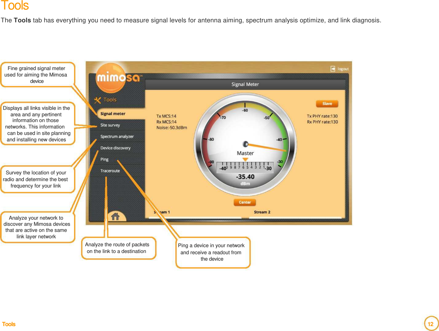 Tools  The Tools tab has everything you need to measure signal levels for antenna aiming, spectrum analysis optimize, and link diagnosis.        Fine grained signal meter  used for aiming the Mimosa  device     Displays all links visible in the  area and any pertinent  information on those  networks. This information   can be used in site planning  and installing new devices      Survey the location of your  radio and determine the best  frequency for your link      Analyze your network to  discover any Mimosa devices  that are active on the same  link layer network   Analyze the route of packets  on the link to a destination   Ping a device in your network  and receive a readout from  the device          Tools  12  