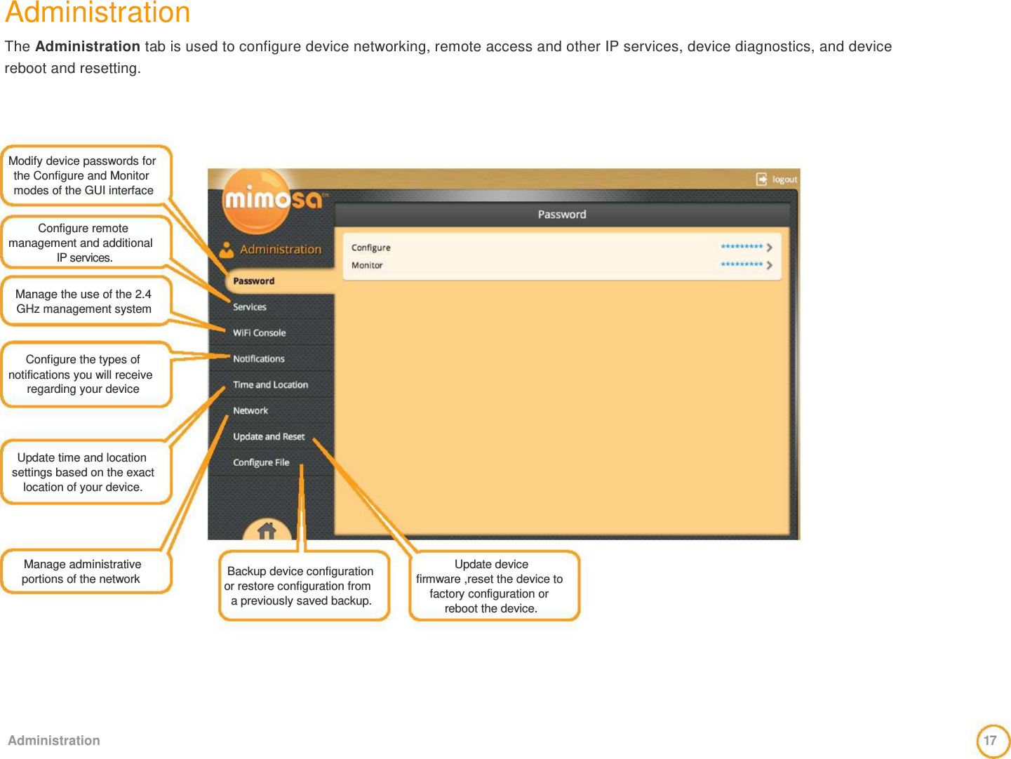 Administration  The Administration tab is used to configure device networking, remote access and other IP services, device diagnostics, and device  reboot and resetting.       Modify device passwords for  the Configure and Monitor  modes of the GUI interface   Configure remote  management and additional  IP services.   Manage the use of the 2.4  GHz management system    Configure the types of  notifications you will receive  regarding your device      Update time and location  settings based on the exact  location of your device.      Manage administrative  portions of the network       Backup device configuration  or restore configuration from  a previously saved backup.      Update device  firmware ,reset the device to  factory configuration or  reboot the device.          Administration  17  