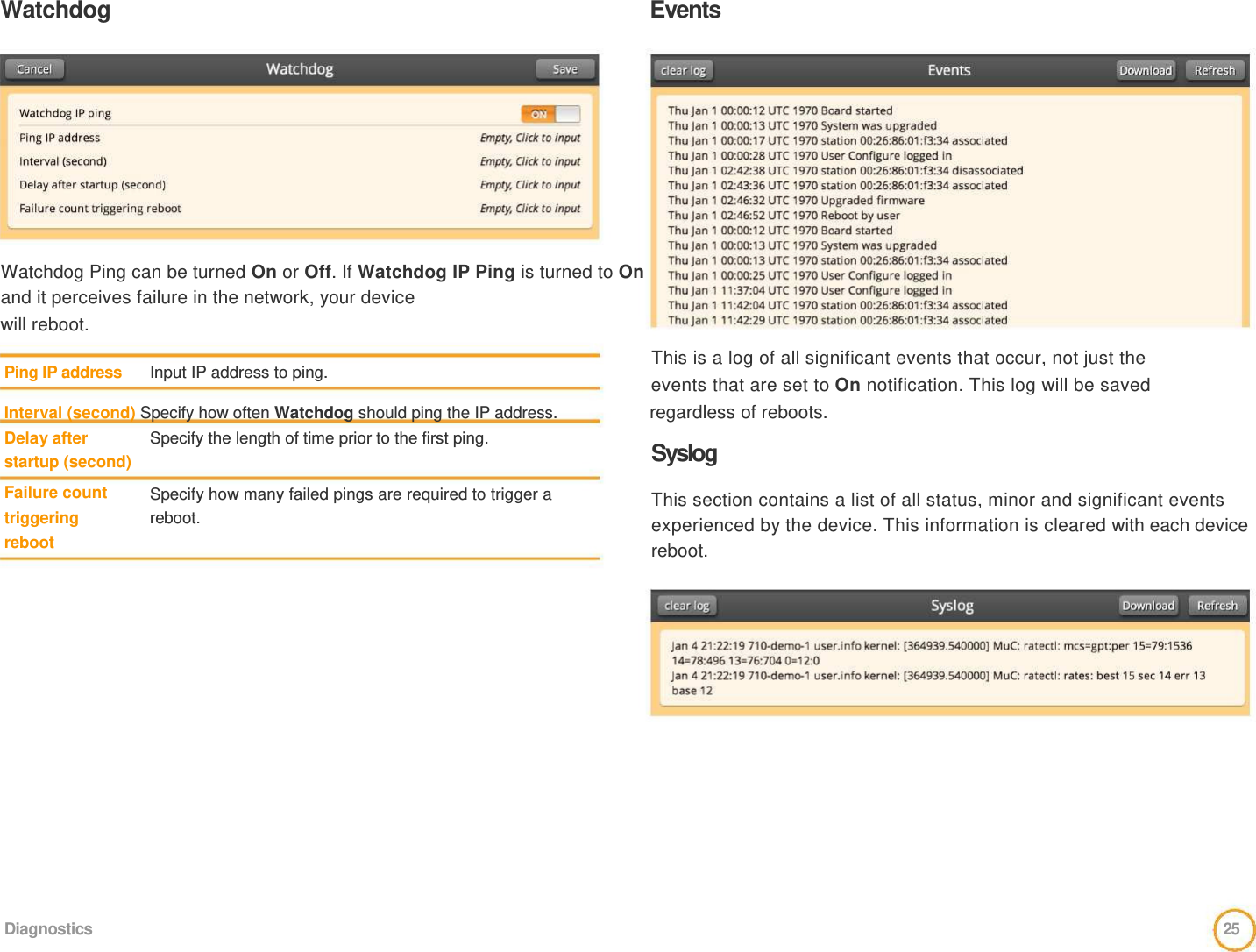 Watchdog   Events             Watchdog Ping can be turned On or Off. If Watchdog IP Ping is turned to On and it perceives failure in the network, your device  will reboot.    Ping IP address    Input IP address to ping.    This is a log of all significant events that occur, not just the  events that are set to On notification. This log will be saved   Interval (second) Specify how often Watchdog should ping the IP address.  regardless of reboots.   Delay after  startup (second)  Failure count  triggering  reboot   Specify the length of time prior to the first ping.    Specify how many failed pings are required to trigger a reboot.  Syslog   This section contains a list of all status, minor and significant events experienced by the device. This information is cleared with each device reboot.                   Diagnostics  25  