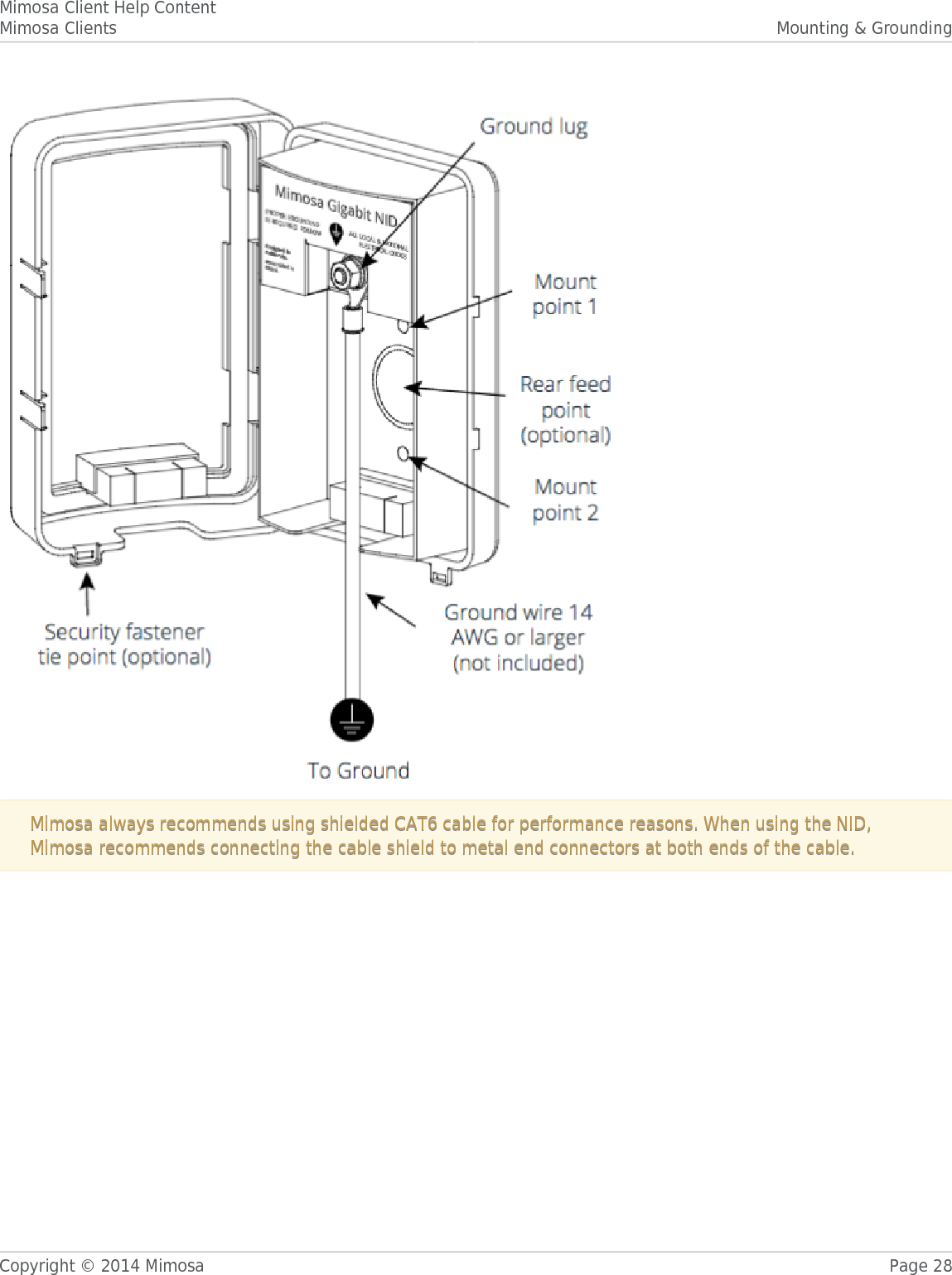 Mimosa Client Help ContentMimosa Clients Mounting &amp; GroundingCopyright © 2014 Mimosa Page 28Mimosa always recommends using shielded CAT6 cable for performance reasons. When using the NID,Mimosa always recommends using shielded CAT6 cable for performance reasons. When using the NID,Mimosa recommends connecting the cable shield to metal end connectors at both ends of the cable. Mimosa recommends connecting the cable shield to metal end connectors at both ends of the cable. 