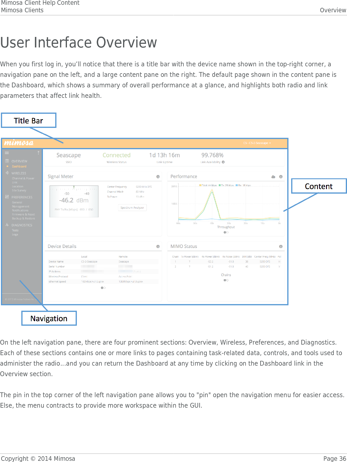 Mimosa Client Help ContentMimosa Clients OverviewCopyright © 2014 Mimosa Page 36User Interface OverviewWhen you first log in, you’ll notice that there is a title bar with the device name shown in the top-right corner, anavigation pane on the left, and a large content pane on the right. The default page shown in the content pane isthe Dashboard, which shows a summary of overall performance at a glance, and highlights both radio and linkparameters that affect link health.  On the left navigation pane, there are four prominent sections: Overview, Wireless, Preferences, and Diagnostics.Each of these sections contains one or more links to pages containing task-related data, controls, and tools used toadminister the radio…and you can return the Dashboard at any time by clicking on the Dashboard link in theOverview section. The pin in the top corner of the left navigation pane allows you to &quot;pin&quot; open the navigation menu for easier access.Else, the menu contracts to provide more workspace within the GUI. 