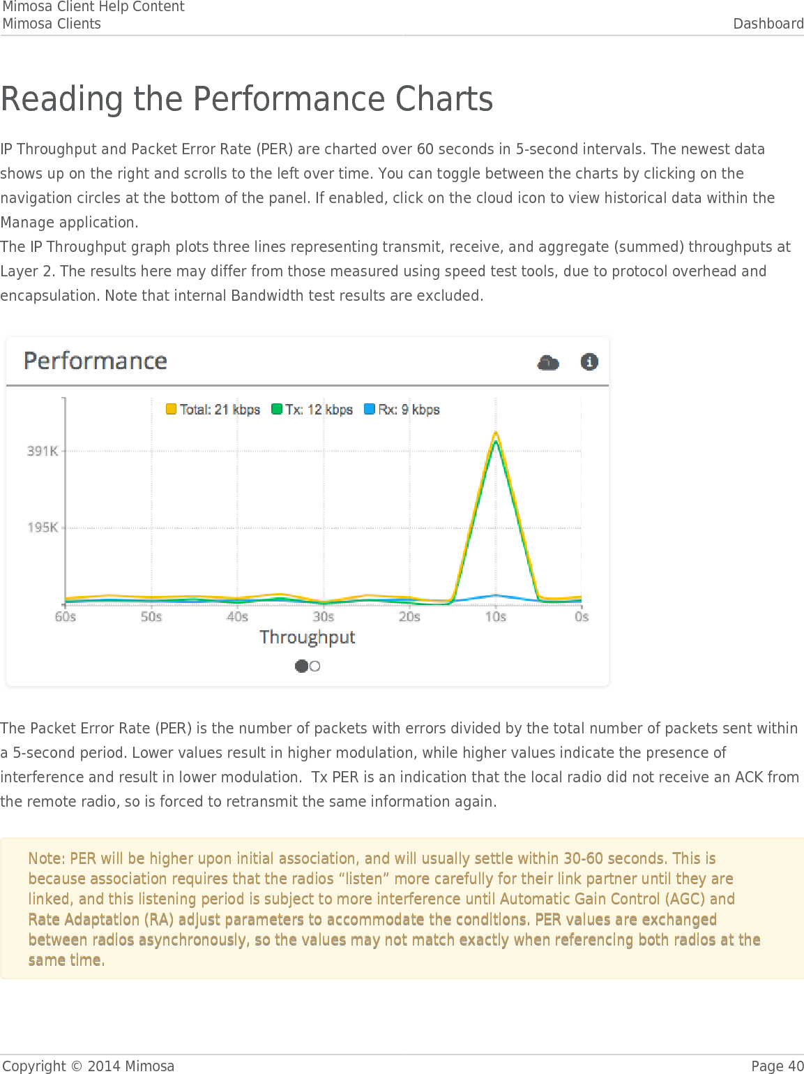 Mimosa Client Help ContentMimosa Clients DashboardCopyright © 2014 Mimosa Page 40Reading the Performance ChartsIP Throughput and Packet Error Rate (PER) are charted over 60 seconds in 5-second intervals. The newest datashows up on the right and scrolls to the left over time. You can toggle between the charts by clicking on thenavigation circles at the bottom of the panel. If enabled, click on the cloud icon to view historical data within theManage application.The IP Throughput graph plots three lines representing transmit, receive, and aggregate (summed) throughputs atLayer 2. The results here may differ from those measured using speed test tools, due to protocol overhead andencapsulation. Note that internal Bandwidth test results are excluded.  The Packet Error Rate (PER) is the number of packets with errors divided by the total number of packets sent withina 5-second period. Lower values result in higher modulation, while higher values indicate the presence ofinterference and result in lower modulation.  Tx PER is an indication that the local radio did not receive an ACK fromthe remote radio, so is forced to retransmit the same information again. Note: PER will be higher upon initial association, and will usually settle within 30-60 seconds. This isNote: PER will be higher upon initial association, and will usually settle within 30-60 seconds. This isbecause association requires that the radios “listen” more carefully for their link partner until they arebecause association requires that the radios “listen” more carefully for their link partner until they arelinked, and this listening period is subject to more interference until Automatic Gain Control (AGC) andlinked, and this listening period is subject to more interference until Automatic Gain Control (AGC) andRate Adaptation (RA) adjust parameters to accommodate the conditions. PER values are exchangedRate Adaptation (RA) adjust parameters to accommodate the conditions. PER values are exchangedbetween radios asynchronously, so the values may not match exactly when referencing both radios at thebetween radios asynchronously, so the values may not match exactly when referencing both radios at thesame time.same time.