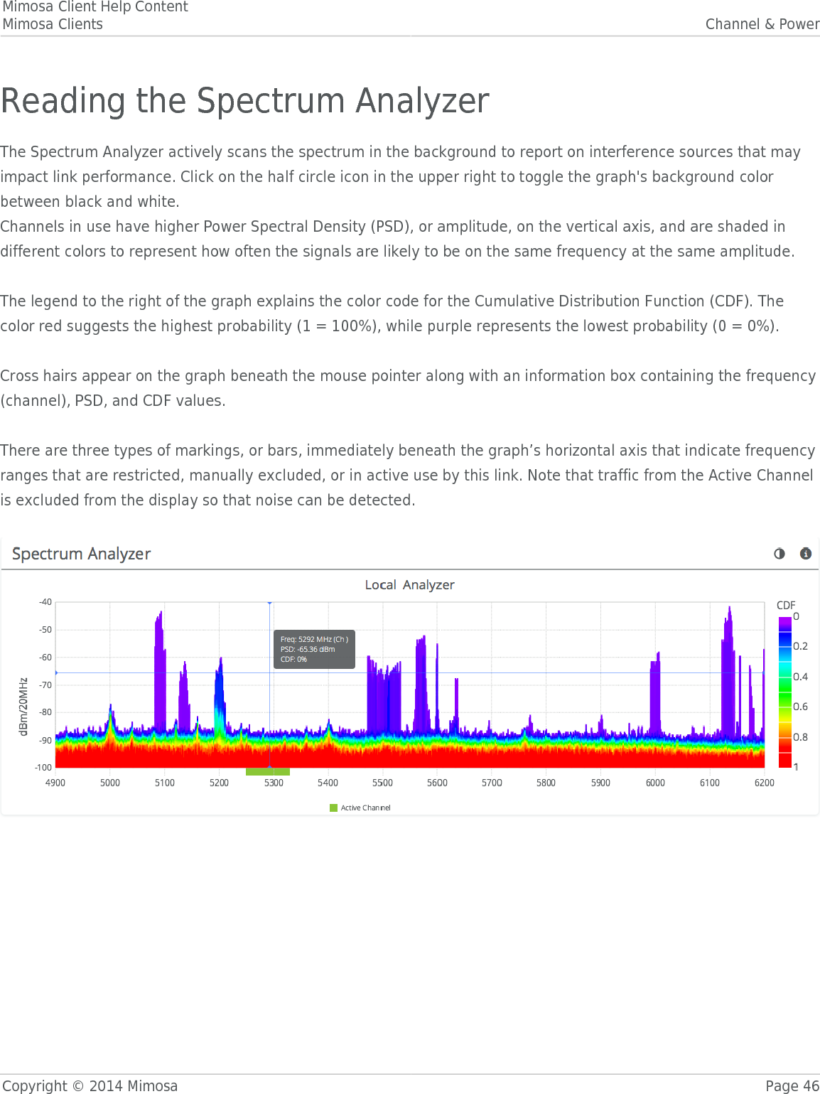 Mimosa Client Help ContentMimosa Clients Channel &amp; PowerCopyright © 2014 Mimosa Page 46Reading the Spectrum AnalyzerThe Spectrum Analyzer actively scans the spectrum in the background to report on interference sources that mayimpact link performance. Click on the half circle icon in the upper right to toggle the graph&apos;s background colorbetween black and white.Channels in use have higher Power Spectral Density (PSD), or amplitude, on the vertical axis, and are shaded indifferent colors to represent how often the signals are likely to be on the same frequency at the same amplitude. The legend to the right of the graph explains the color code for the Cumulative Distribution Function (CDF). Thecolor red suggests the highest probability (1 = 100%), while purple represents the lowest probability (0 = 0%). Cross hairs appear on the graph beneath the mouse pointer along with an information box containing the frequency(channel), PSD, and CDF values. There are three types of markings, or bars, immediately beneath the graph’s horizontal axis that indicate frequencyranges that are restricted, manually excluded, or in active use by this link. Note that traffic from the Active Channelis excluded from the display so that noise can be detected. 