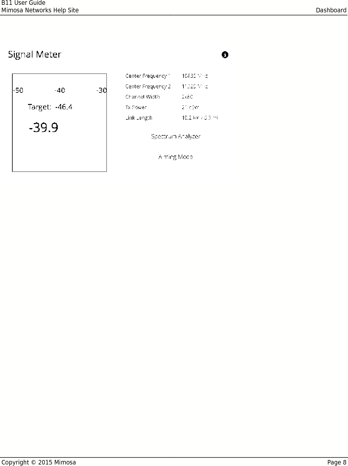 B11 User GuideMimosa Networks Help Site DashboardCopyright © 2015 Mimosa Page 8