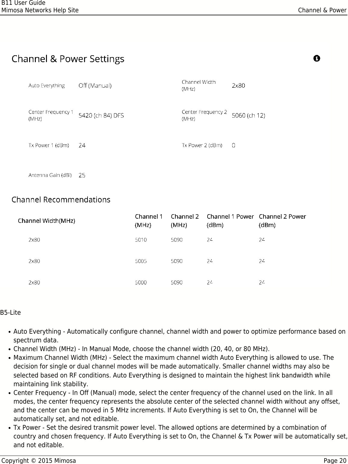 B11 User GuideMimosa Networks Help Site Channel &amp; PowerCopyright © 2015 Mimosa Page 20 B5-LiteAuto Everything - Automatically configure channel, channel width and power to optimize performance based on●spectrum data.Channel Width (MHz) - In Manual Mode, choose the channel width (20, 40, or 80 MHz). ●Maximum Channel Width (MHz) - Select the maximum channel width Auto Everything is allowed to use. The●decision for single or dual channel modes will be made automatically. Smaller channel widths may also beselected based on RF conditions. Auto Everything is designed to maintain the highest link bandwidth whilemaintaining link stability.Center Frequency - In Off (Manual) mode, select the center frequency of the channel used on the link. In all●modes, the center frequency represents the absolute center of the selected channel width without any offset,and the center can be moved in 5 MHz increments. If Auto Everything is set to On, the Channel will beautomatically set, and not editable.Tx Power - Set the desired transmit power level. The allowed options are determined by a combination of●country and chosen frequency. If Auto Everything is set to On, the Channel &amp; Tx Power will be automatically set,and not editable. 