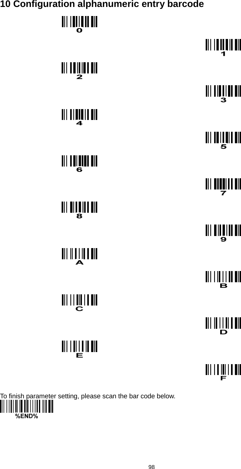 98 10 Configuration alphanumeric entry barcode                                  To finish parameter setting, please scan the bar code below.     