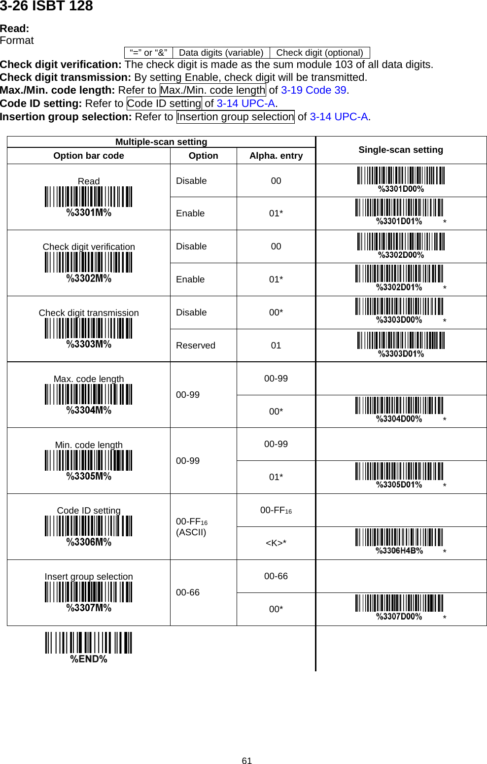 61 3-26 ISBT 128 Read: Format “=” or “&amp;” Data digits (variable) Check digit (optional) Check digit verification: The check digit is made as the sum module 103 of all data digits. Check digit transmission: By setting Enable, check digit will be transmitted. Max./Min. code length: Refer to Max./Min. code length of 3-19 Code 39. Code ID setting: Refer to Code ID setting of 3-14 UPC-A. Insertion group selection: Refer to Insertion group selection of 3-14 UPC-A.  Multiple-scan setting Single-scan setting Option bar code Option Alpha. entry Read  Disable 00  Enable 01* * Check digit verification  Disable 00  Enable 01* * Check digit transmission  Disable 00* * Reserved 01  Max. code length  00-99 00-99   00* * Min. code length  00-99 00-99   01* * Code ID setting  00-FF16 (ASCII) 00-FF16   &lt;K&gt;* * Insert group selection  00-66 00-66   00* *           