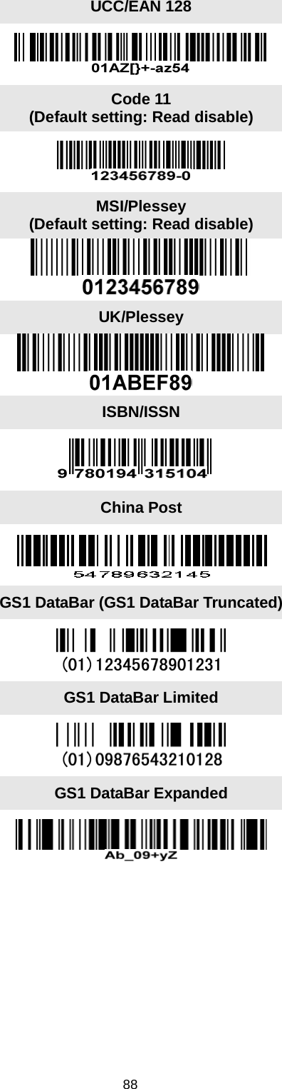 88    UCC/EAN 128  Code 11 (Default setting: Read disable)  MSI/Plessey (Default setting: Read disable)  UK/Plessey  ISBN/ISSN  China Post  GS1 DataBar (GS1 DataBar Truncated)  GS1 DataBar Limited  GS1 DataBar Expanded  
