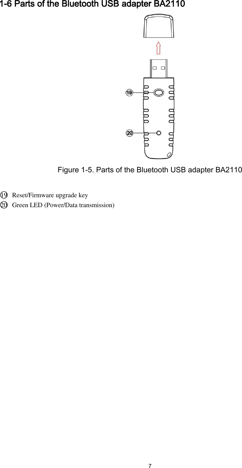  7 1-6 Parts of the Bluetooth USB adapter BA2110    Figure 1-5. Parts of the Bluetooth USB adapter BA2110  ○19   Reset/Firmware upgrade key ○20   Green LED (Power/Data transmission)  