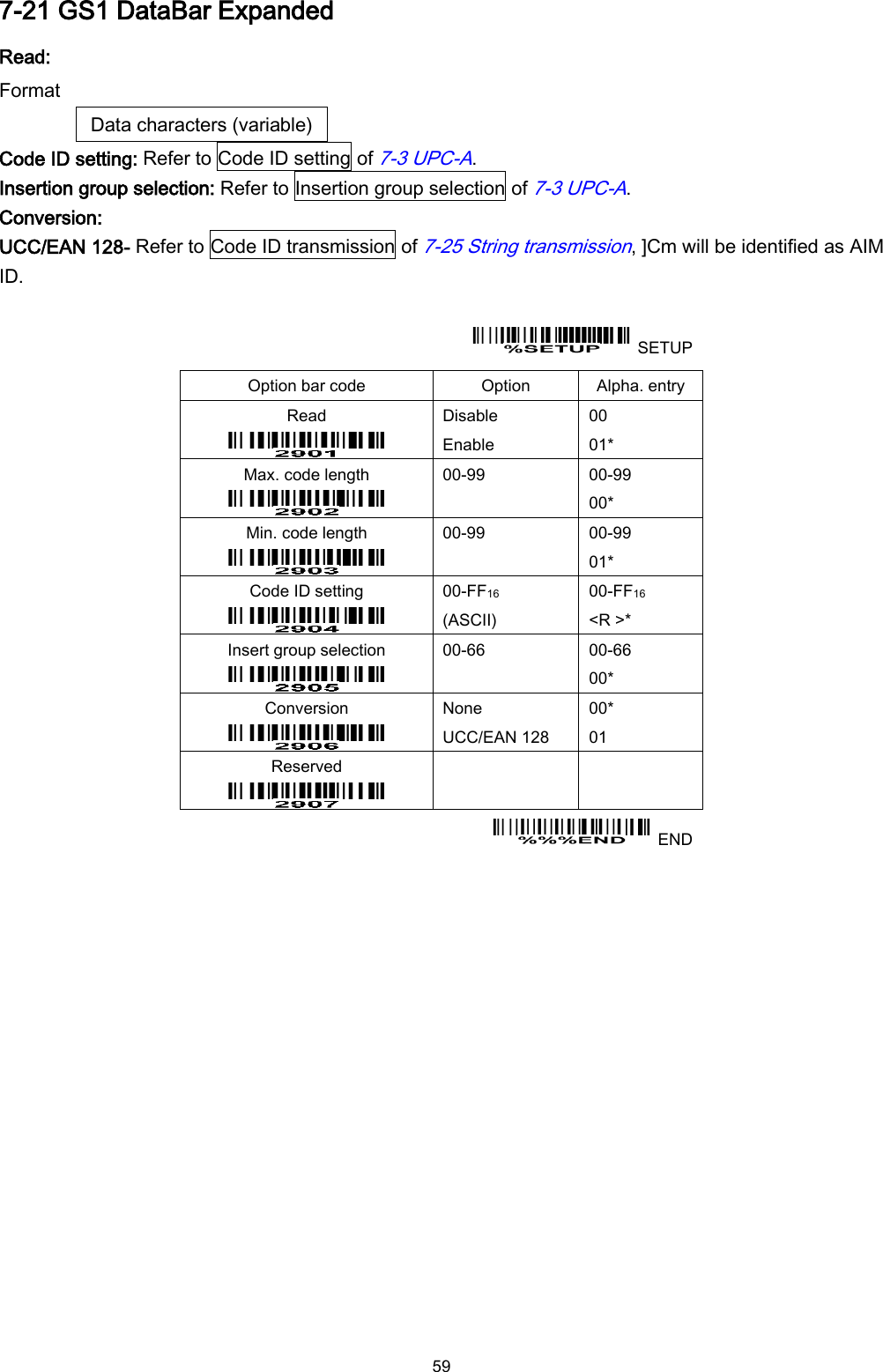  59 7-21 GS1 DataBar Expanded Read: Format Data characters (variable) Code ID setting: Refer to Code ID setting of 7-3 UPC-A. Insertion group selection: Refer to Insertion group selection of 7-3 UPC-A. Conversion: UCC/EAN 128- Refer to Code ID transmission of 7-25 String transmission, ]Cm will be identified as AIM ID.    SETUP Option bar code Option Alpha. entry Read  Disable Enable 00 01* Max. code length  00-99  00-99 00* Min. code length  00-99  00-99 01* Code ID setting  00-FF16   (ASCII) 00-FF16 &lt;R &gt;* Insert group selection  00-66  00-66 00* Conversion  None UCC/EAN 128 00* 01 Reserved      END 