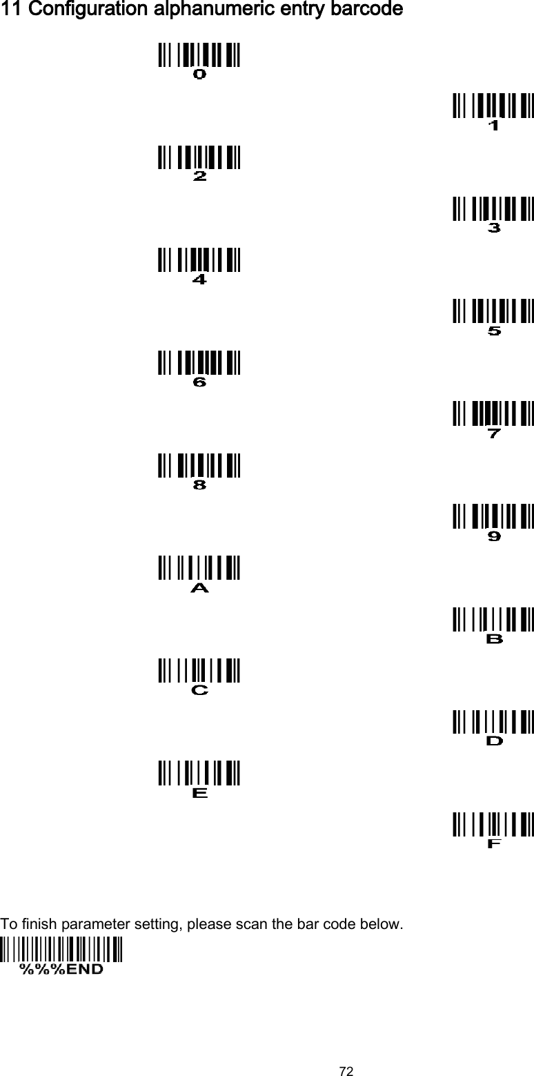  72 11 Configuration alphanumeric entry barcode                                   To finish parameter setting, please scan the bar code below.     