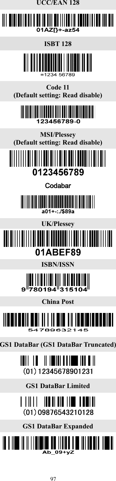   97    UCC/EAN 128  ISBT 128  Code 11 (Default setting: Read disable)  MSI/Plessey (Default setting: Read disable)  Codabar  UK/Plessey  ISBN/ISSN  China Post  GS1 DataBar (GS1 DataBar Truncated)  GS1 DataBar Limited  GS1 DataBar Expanded  