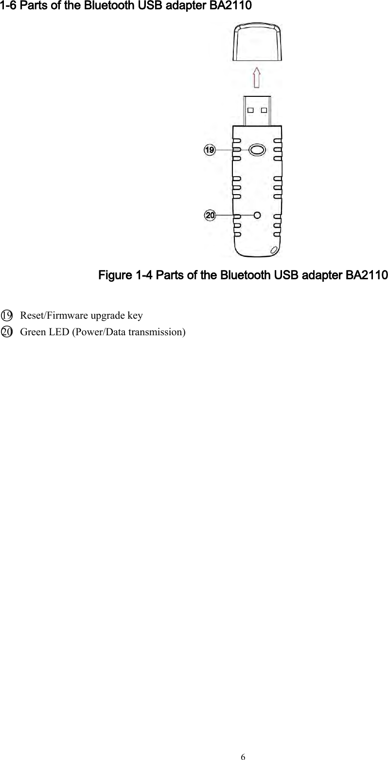   6 1-6 Parts of the Bluetooth USB adapter BA2110    Figure 1-4 Parts of the Bluetooth USB adapter BA2110  ○19   Reset/Firmware upgrade key ○20   Green LED (Power/Data transmission)  