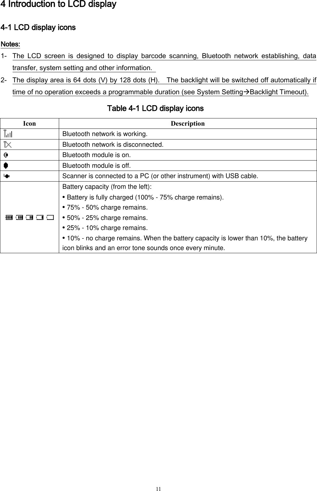   11 4 Introduction to LCD display 4-1 LCD display icons Notes: 1- The  LCD  screen  is  designed  to  display  barcode  scanning,  Bluetooth  network  establishing,  data transfer, system setting and other information.   2- The display area is 64 dots (V) by 128 dots (H).  The backlight will be switched off automatically if time of no operation exceeds a programmable duration (see System SettingBacklight Timeout).   Table 4-1 LCD display icons Icon Description  Bluetooth network is working.  Bluetooth network is disconnected.  Bluetooth module is on.  Bluetooth module is off.  Scanner is connected to a PC (or other instrument) with USB cable.          Battery capacity (from the left): • Battery is fully charged (100% - 75% charge remains). • 75% - 50% charge remains. • 50% - 25% charge remains. • 25% - 10% charge remains. • 10% - no charge remains. When the battery capacity is lower than 10%, the battery icon blinks and an error tone sounds once every minute. 