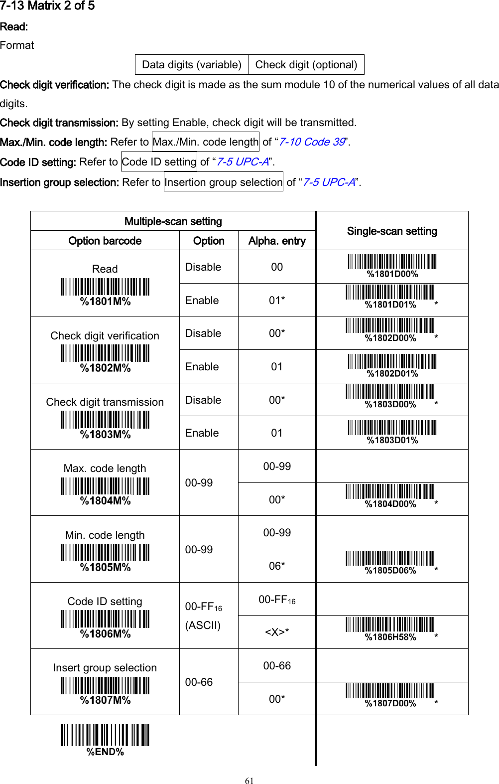   61 7-13 Matrix 2 of 5 Read: Format Data digits (variable) Check digit (optional) Check digit verification: The check digit is made as the sum module 10 of the numerical values of all data digits. Check digit transmission: By setting Enable, check digit will be transmitted. Max./Min. code length: Refer to Max./Min. code length of “7-10 Code 39”. Code ID setting: Refer to Code ID setting of “7-5 UPC-A”. Insertion group selection: Refer to Insertion group selection of “7-5 UPC-A”.  Multiple-scan setting Single-scan setting Option barcode Option Alpha. entry Read  Disable 00  Enable 01* * Check digit verification  Disable 00* * Enable 01  Check digit transmission  Disable 00* * Enable 01  Max. code length  00-99 00-99  00* * Min. code length  00-99 00-99  06* * Code ID setting  00-FF16 (ASCII) 00-FF16  &lt;X&gt;* * Insert group selection  00-66 00-66  00* *     