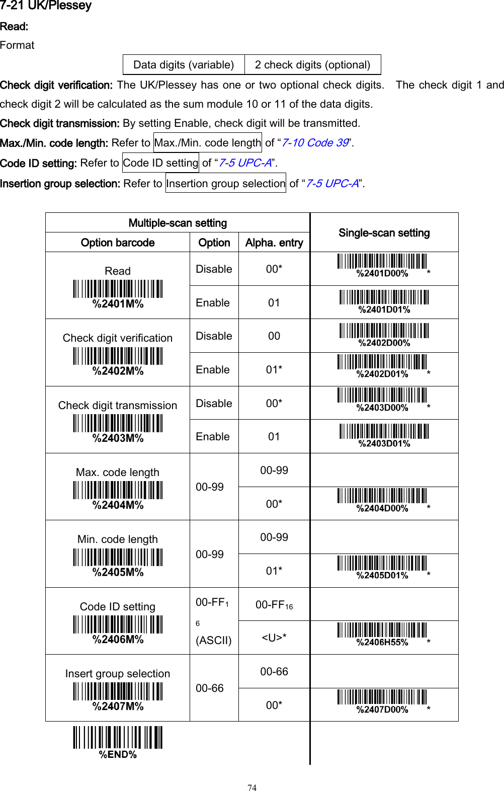   74 7-21 UK/Plessey Read: Format Data digits (variable) 2 check digits (optional) Check digit verification: The UK/Plessey has one or two optional check digits.    The check digit 1 and check digit 2 will be calculated as the sum module 10 or 11 of the data digits. Check digit transmission: By setting Enable, check digit will be transmitted. Max./Min. code length: Refer to Max./Min. code length of “7-10 Code 39”. Code ID setting: Refer to Code ID setting of “7-5 UPC-A”. Insertion group selection: Refer to Insertion group selection of “7-5 UPC-A”.  Multiple-scan setting Single-scan setting Option barcode Option Alpha. entry Read  Disable 00* * Enable 01  Check digit verification  Disable 00  Enable 01* * Check digit transmission  Disable 00* * Enable 01  Max. code length  00-99 00-99  00* * Min. code length  00-99 00-99  01* * Code ID setting  00-FF16 (ASCII) 00-FF16  &lt;U&gt;* * Insert group selection  00-66 00-66  00* *     