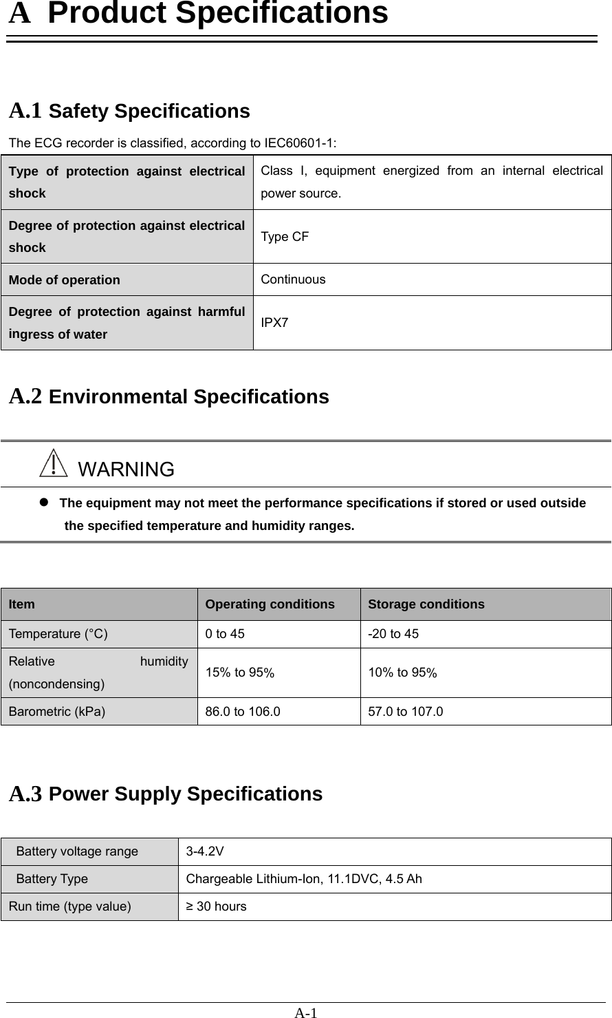 A-1 A  Product Specifications   A.1 Safety Specifications The ECG recorder is classified, according to IEC60601-1: Type of protection against electrical shock Class I, equipment energized from an internal electrical power source. Degree of protection against electrical shock  Type CF   Mode of operation  Continuous Degree of protection against harmful ingress of water  IPX7  A.2 Environmental Specifications   WARNING  The equipment may not meet the performance specifications if stored or used outside the specified temperature and humidity ranges.   Item  Operating conditions  Storage conditions Temperature (°C)  0 to 45 -20 to 45 Relative humidity (noncondensing)  15% to 95%  10% to 95% Barometric (kPa)  86.0 to 106.0  57.0 to 107.0   A.3 Power Supply Specifications  Battery voltage range  3-4.2V Battery Type  Chargeable Lithium-Ion, 11.1DVC, 4.5 Ah Run time (type value)  ≥ 30 hours    