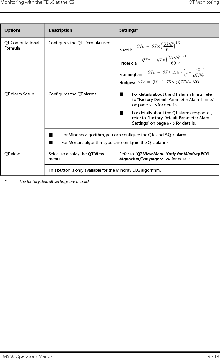 Monitoring with the TD60 at the CS QT MonitoringTMS60 Operator’s Manual 9 - 19QT Computational FormulaConfigures the QTc formula used.Bazett: Fridericia: Framingham: Hodges: QT Alarm Setup Configures the QT alarms. ■For details about the QT alarms limits, refer to &quot;Factory Default Parameter Alarm Limits&quot; on page 9 - 3 for details.■For details about the QT alarms responses, refer to &quot;Factory Default Parameter Alarm Settings&quot; on page 9 - 5 for details.■For Mindray algorithm, you can configure the QTc and ∆QTc alarm.■For Mortara algorithm, you can configure the QTc alarms.QT View Select to display the QT View menu.Refer to &quot;QT View Menu (Only for Mindray ECG Algorithm)&quot; on page 9 - 20 for details.This button is only available for the Mindray ECG algorithm.Options Description Settings** The factory default settings are in bold.QTc QT QTHR60-------------12/×=QTc QT QTHR60-------------13/×=QTc QT154 1 60QTHR-------------–×+=QTc QT1.75QTHR60–()×+=