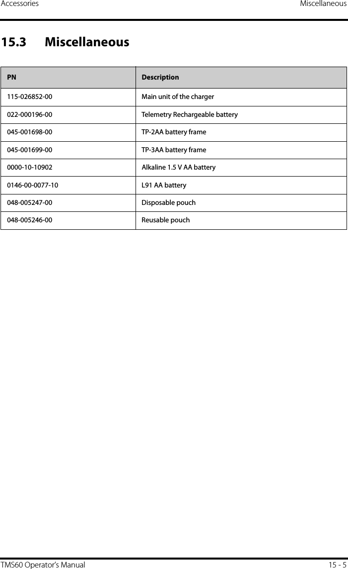 Accessories MiscellaneousTMS60 Operator’s Manual 15 - 515.3 MiscellaneousPN Description115-026852-00 Main unit of the charger022-000196-00 Telemetry Rechargeable battery045-001698-00 TP-2AA battery frame045-001699-00 TP-3AA battery frame0000-10-10902 Alkaline 1.5 V AA battery0146-00-0077-10 L91 AA battery048-005247-00 Disposable pouch048-005246-00 Reusable pouch