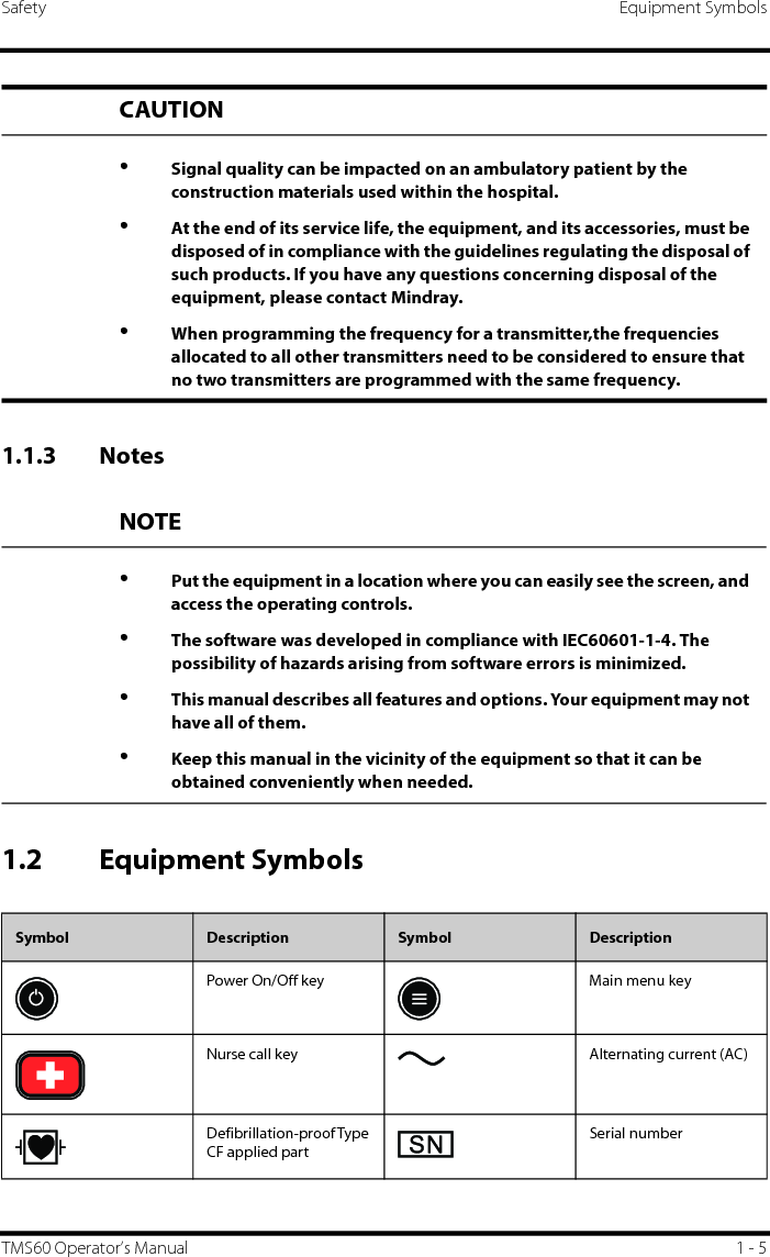 Safety Equipment SymbolsTMS60 Operator’s Manual 1 - 51.1.3 Notes1.2 Equipment SymbolsCAUTION•Signal quality can be impacted on an ambulatory patient by the construction materials used within the hospital.•At the end of its service life, the equipment, and its accessories, must be disposed of in compliance with the guidelines regulating the disposal of such products. If you have any questions concerning disposal of the equipment, please contact Mindray.•When programming the frequency for a transmitter,the frequencies allocated to all other transmitters need to be considered to ensure that no two transmitters are programmed with the same frequency.NOTE•Put the equipment in a location where you can easily see the screen, and access the operating controls. •The software was developed in compliance with IEC60601-1-4. The possibility of hazards arising from software errors is minimized.•This manual describes all features and options. Your equipment may not have all of them.•Keep this manual in the vicinity of the equipment so that it can be obtained conveniently when needed.Symbol Description Symbol DescriptionPower On/Off key Main menu keyNurse call key Alternating current (AC)Defibrillation-proof Type CF applied partSerial number