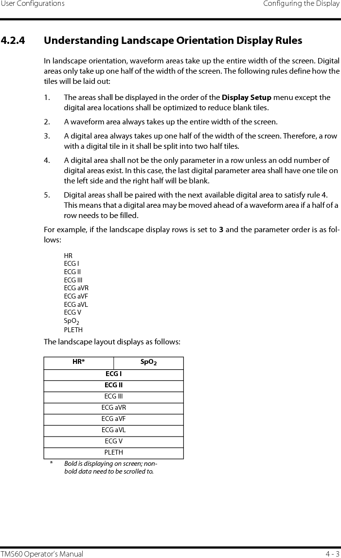 User Configurations Configuring the DisplayTMS60 Operator’s Manual 4 - 34.2.4 Understanding Landscape Orientation Display RulesIn landscape orientation, waveform areas take up the entire width of the screen. Digitalareas only take up one half of the width of the screen. The following rules define how thetiles will be laid out:1. The areas shall be displayed in the order of the Display Setup menu except the digital area locations shall be optimized to reduce blank tiles.2. A waveform area always takes up the entire width of the screen.3. A digital area always takes up one half of the width of the screen. Therefore, a row with a digital tile in it shall be split into two half tiles.4. A digital area shall not be the only parameter in a row unless an odd number of digital areas exist. In this case, the last digital parameter area shall have one tile on the left side and the right half will be blank.5. Digital areas shall be paired with the next available digital area to satisfy rule 4. This means that a digital area may be moved ahead of a waveform area if a half of a row needs to be filled.For example, if the landscape display rows is set to 3 and the parameter order is as fol-lows:HRECG IECG IIECG IIIECG aVRECG aVFECG aVLECG VSpO2PLETHThe landscape layout displays as follows:HR* SpO2ECG IECG IIECG IIIECG aVRECG aVFECG aVLECG VPLETH*Bold is displaying on screen; non-bold data need to be scrolled to.