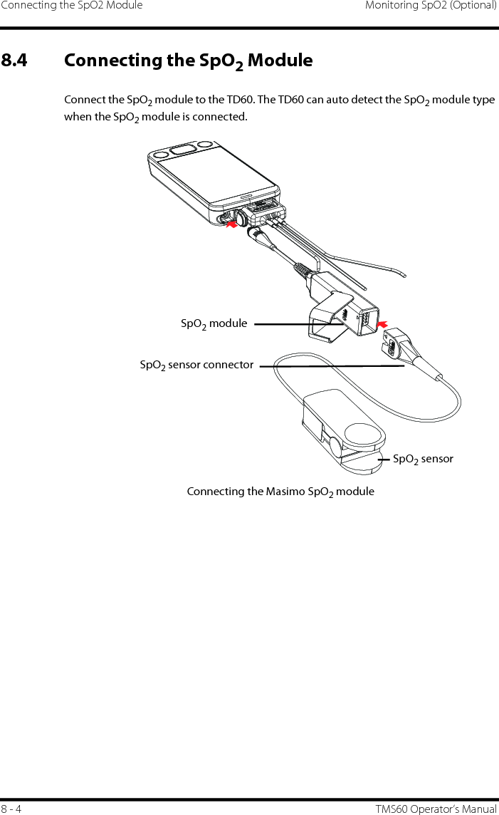 Connecting the SpO2 Module Monitoring SpO2 (Optional)8 - 4 TMS60 Operator’s Manual8.4 Connecting the SpO2 ModuleConnect the SpO2 module to the TD60. The TD60 can auto detect the SpO2 module type when the SpO2 module is connected.Connecting the Masimo SpO2 moduleSpO2 moduleSpO2 sensorSpO2 sensor connector