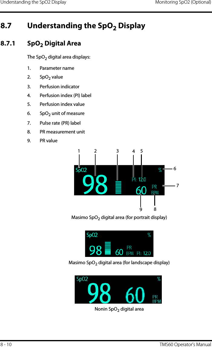 Understanding the SpO2 Display Monitoring SpO2 (Optional)8 - 10 TMS60 Operator’s Manual8.7 Understanding the SpO2 Display8.7.1 SpO2 Digital AreaThe SpO2 digital area displays:1. Parameter name2. SpO2 value3. Perfusion indicator4. Perfusion index (PI) label5. Perfusion index value6. SpO2 unit of measure7. Pulse rate (PR) label8. PR measurement unit9. PR valueMasimo SpO2 digital area (for portrait display)Masimo SpO2 digital area (for landscape display)Nonin SpO2 digital area123678954