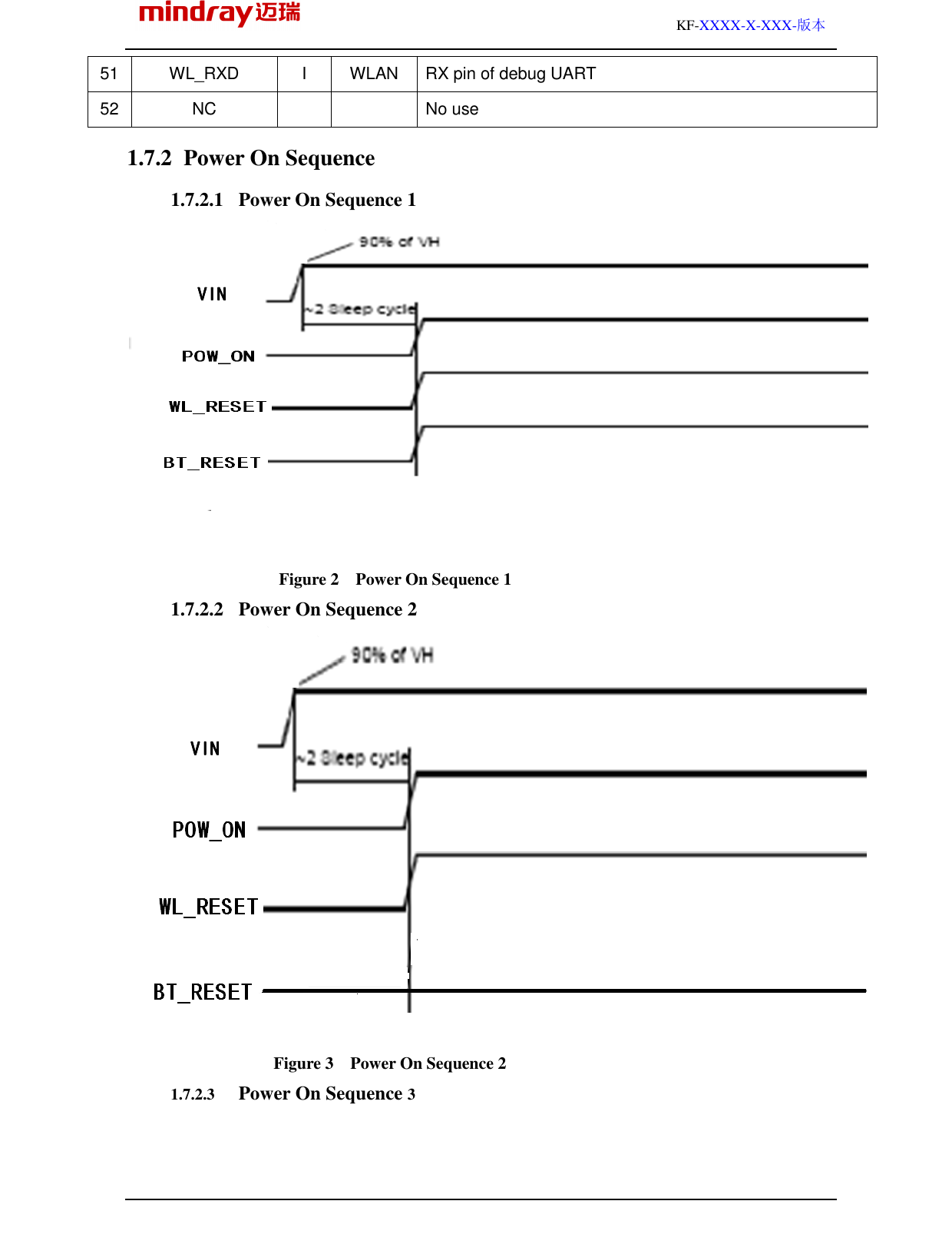                                                                                                         KF-XXXX-X-XXX-版本  51 WL_RXD  I  WLAN  RX pin of debug UART 52 NC      No use 1.7.2 Power On Sequence 1.7.2.1 Power On Sequence 1  Figure 2    Power On Sequence 1 1.7.2.2 Power On Sequence 2 Figure 3    Power On Sequence 2 1.7.2.3 Power On Sequence 3VINVINVINVIN    VINVINVINVIN    