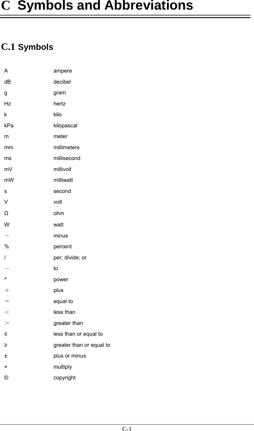 C-1 C  Symbols and Abbreviations   C.1 Symbols  A  ampere dB  decibel g  gram Hz  hertz k  kilo kPa  kilopascal m  meter mm  millimeters ms  millisecond mV  millivolt mW  milliwatt s  second V  volt Ω ohm W  watt  － minus %  percent /  per; divide; or ～ to ^  power ＋ plus ＝ equal to ＜ less than ＞ greater than ≤ less than or equal to ≥ greater than or equal to ±  plus or minus ×  multiply ©  copyright   