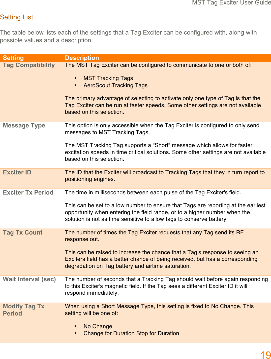 567(789(:;<$=">(?%">(@.$,"((3Q(6"==$'9(V$%=((7H"(=8]/"(]"/&amp;P(/$%=%("8<H(&amp;I(=H"(%"==$'9%(=H8=(8(789(:;<$=">(<8'(]"(<&amp;'I$9.>",(P$=H1(8/&amp;'9(P$=H(K&amp;%%$]/"(#8/."%(8',(8(,"%<>$K=$&amp;'C(",++*5&amp;$;,/)-*A+*45$#%&amp;$34@A%+*P*>*+9$The MST Tag Exciter can be configured to communicate to one or both of: &bull;(MST Tracking Tags &bull;(AeroScout Tracking Tags The primary advantage of selecting to activate only one type of Tag is that the Tag Exciter can be run at faster speeds. Some other settings are not available based on this selection. !,//%&amp;,$#9A,$This option is only accessible when the Tag Exciter is configured to only send messages to MST Tracking Tags. The MST Tracking Tag supports a "Short" message which allows for faster excitation speeds in time critical solutions. Some other settings are not available based on this selection. '()*+,-$B;$The ID that the Exciter will broadcast to Tracking Tags that they in turn report to positioning engines. '()*+,-$#($G,-*42$The time in milliseconds between each pulse of the Tag Exciter's field. This can be set to a low number to ensure that Tags are reporting at the earliest opportunity when entering the field range, or to a higher number when the solution is not as time sensitive to allow tags to conserve battery. #%&amp;$#($3415+$The number of times the Tag Exciter requests that any Tag send its RF response out. This can be raised to increase the chance that a Tag's response to seeing an Exciters field has a better chance of being received, but has a corresponding degradation on Tag battery and airtime saturation. F%*+$B5+,-7%>$I/,)J$The number of seconds that a Tracking Tag should wait before again responding to this Exciter's magnetic field. If the Tag sees a different Exciter ID it will respond immediately. !42*?9$#%&amp;$#($G,-*42$When using a Short Message Type, this setting is fixed to No Change. This setting will be one of: &bull;(No Change &bull;(Change for Duration Stop for Duration 