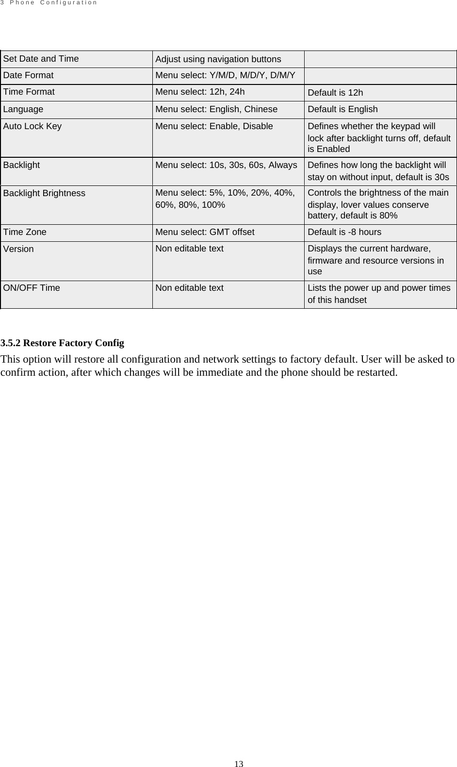                                                             13       3    P h o n e    C o n f i g u r a t i o n     Set Date and Time Date Format Time Format Language Auto Lock Key       Adjust using navigation buttons Menu select: Y/M/D, M/D/Y, D/M/Y Menu select: 12h, 24h Menu select: English, Chinese Menu select: Enable, Disable          Default is 12h Default is English Defines whether the keypad will    Backlight lock after backlight turns off, default is Enabled Menu select: 10s, 30s, 60s, Always  Defines how long the backlight will stay on without input, default is 30s Backlight Brightness   Time Zone Version   ON/OFF Time     3.5.2 Restore Factory Config Menu select: 5%, 10%, 20%, 40%, 60%, 80%, 100%  Menu select: GMT offset Non editable text   Non editable text Controls the brightness of the main display, lover values conserve battery, default is 80% Default is -8 hours Displays the current hardware, firmware and resource versions in use Lists the power up and power times of this handset This option will restore all configuration and network settings to factory default. User will be asked to confirm action, after which changes will be immediate and the phone should be restarted.                                   