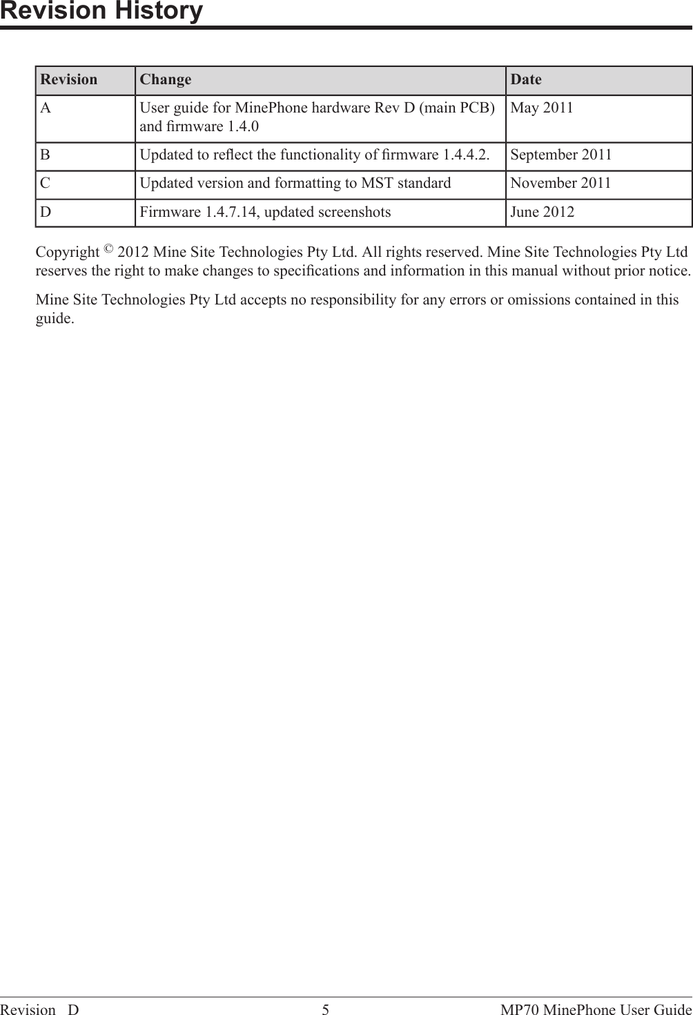 Revision HistoryDateChangeRevisionMay 2011User guide for MinePhone hardware Rev D (main PCB)and ﬁrmware 1.4.0ASeptember 2011Updated to reﬂect the functionality of ﬁrmware 1.4.4.2.BNovember 2011Updated version and formatting to MST standardCJune 2012Firmware 1.4.7.14, updated screenshotsDCopyright &copy;2012 Mine Site Technologies Pty Ltd. All rights reserved. Mine Site Technologies Pty Ltdreserves the right to make changes to speciﬁcations and information in this manual without prior notice.Mine Site Technologies Pty Ltd accepts no responsibility for any errors or omissions contained in thisguide.MP70 MinePhone User Guide5Revision D