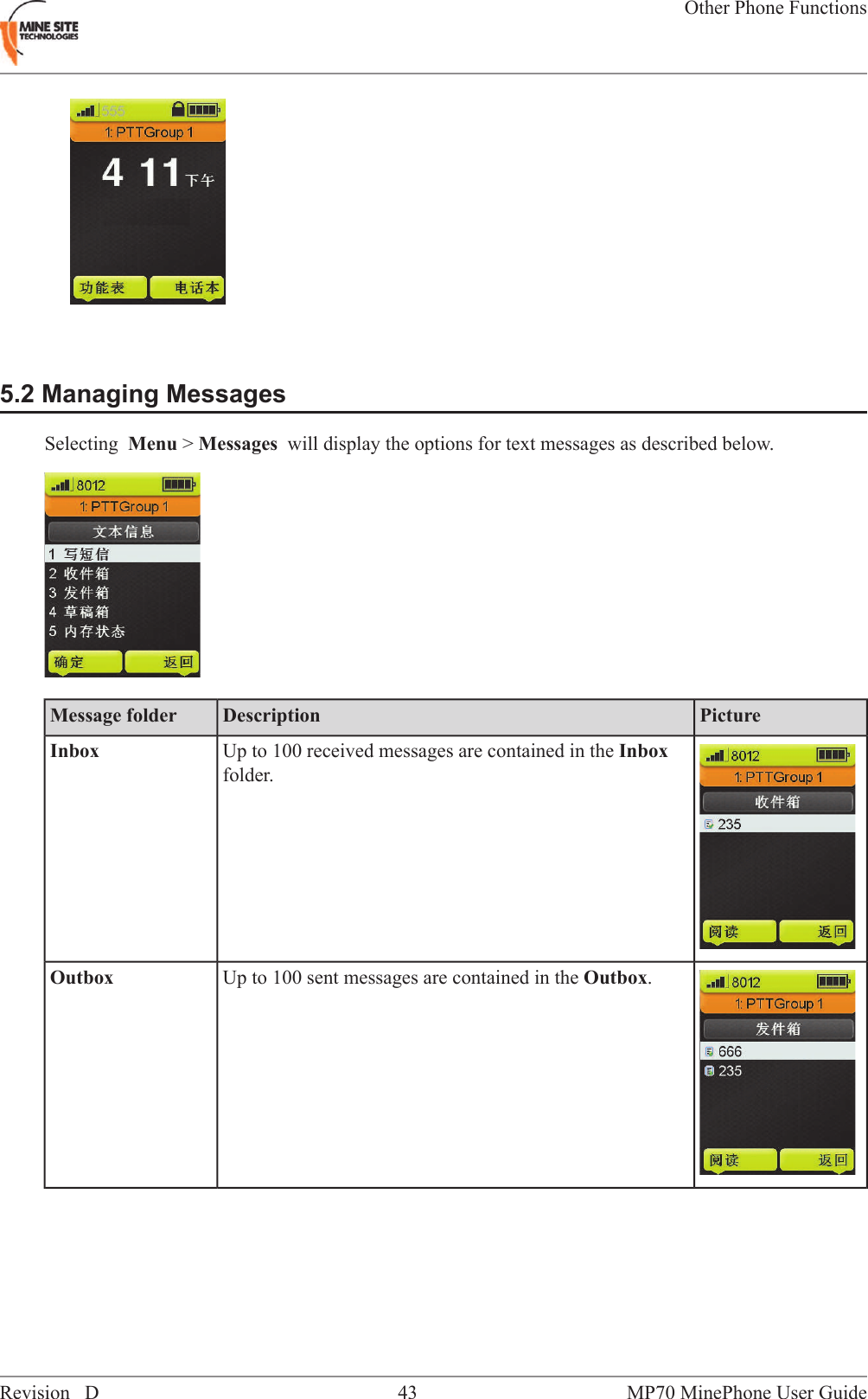 5.2 Managing MessagesSelecting Menu >Messages will display the options for text messages as described below.PictureDescriptionMessage folderUp to 100 received messages are contained in the Inboxfolder.InboxUp to 100 sent messages are contained in the Outbox.OutboxMP70 MinePhone User Guide43Revision DOther Phone Functions