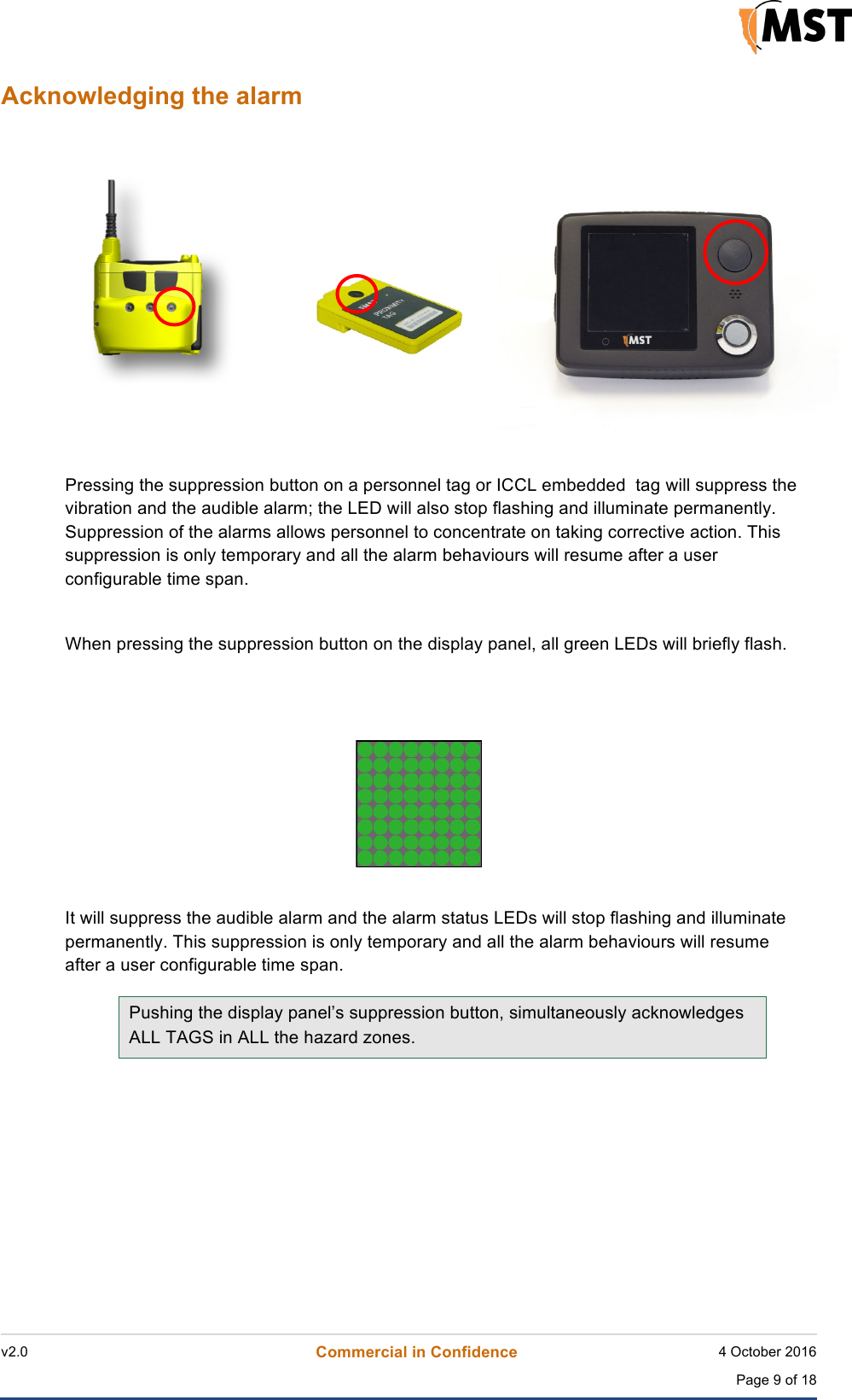   v2.0 Commercial in Confidence 4 October 2016  Page 9 of 18 !!Acknowledging the alarm   Pressing the suppression button on a personnel tag or ICCL embedded  tag will suppress the vibration and the audible alarm; the LED will also stop flashing and illuminate permanently. Suppression of the alarms allows personnel to concentrate on taking corrective action. This suppression is only temporary and all the alarm behaviours will resume after a user configurable time span.    When pressing the suppression button on the display panel, all green LEDs will briefly flash.    It will suppress the audible alarm and the alarm status LEDs will stop flashing and illuminate permanently. This suppression is only temporary and all the alarm behaviours will resume after a user configurable time span.  Pushing the display panel’s suppression button, simultaneously acknowledges ALL TAGS in ALL the hazard zones.     