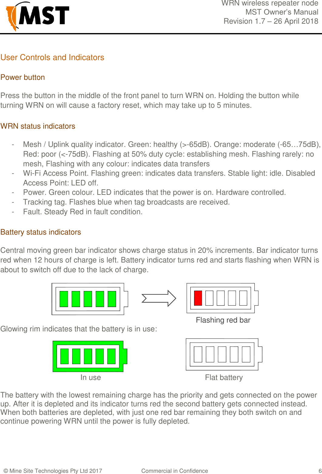  WRN wireless repeater node MST Owner&rsquo;s Manual Revision 1.7 &ndash; 26 April 2018  &copy; Mine Site Technologies Pty Ltd 2017 Commercial in Confidence   6 User Controls and Indicators  Power button  Press the button in the middle of the front panel to turn WRN on. Holding the button while turning WRN on will cause a factory reset, which may take up to 5 minutes. WRN status indicators   -  Mesh / Uplink quality indicator. Green: healthy (>-65dB). Orange: moderate (-65&hellip;75dB), Red: poor (<-75dB). Flashing at 50% duty cycle: establishing mesh. Flashing rarely: no mesh, Flashing with any colour: indicates data transfers -  Wi-Fi Access Point. Flashing green: indicates data transfers. Stable light: idle. Disabled Access Point: LED off. -  Power. Green colour. LED indicates that the power is on. Hardware controlled. -  Tracking tag. Flashes blue when tag broadcasts are received. -  Fault. Steady Red in fault condition.  Battery status indicators   Central moving green bar indicator shows charge status in 20% increments. Bar indicator turns red when 12 hours of charge is left. Battery indicator turns red and starts flashing when WRN is about to switch off due to the lack of charge.                                                              Flashing red bar Glowing rim indicates that the battery is in use:                                        In use           Flat battery   The battery with the lowest remaining charge has the priority and gets connected on the power up. After it is depleted and its indicator turns red the second battery gets connected instead. When both batteries are depleted, with just one red bar remaining they both switch on and continue powering WRN until the power is fully depleted.     