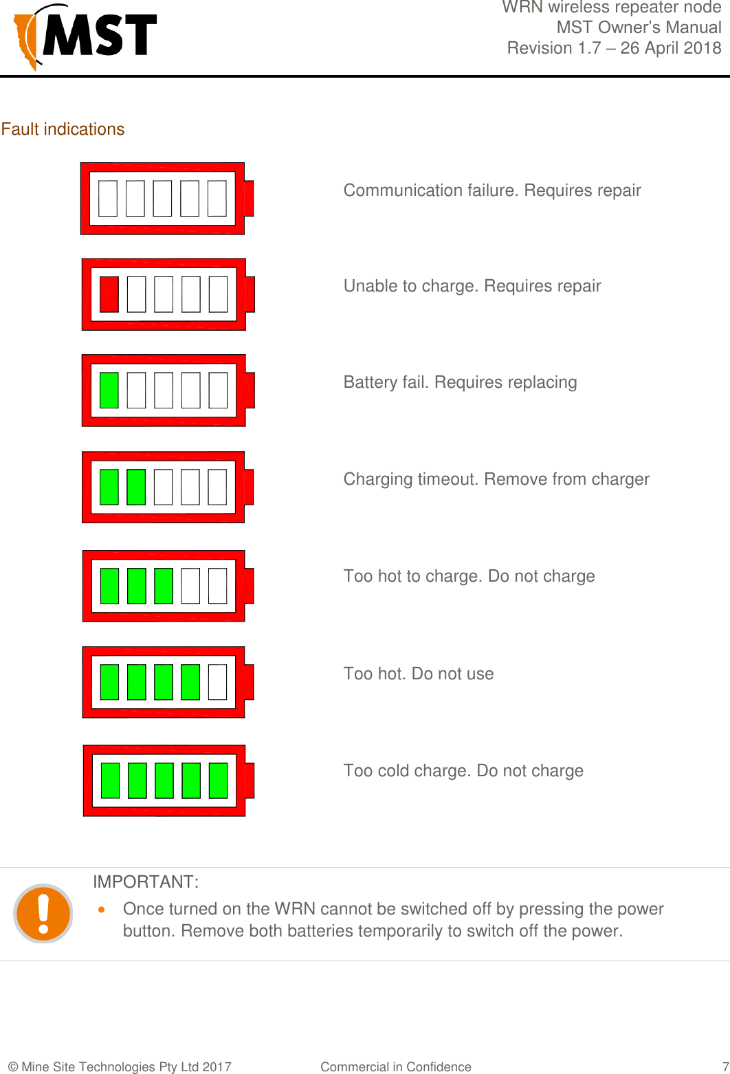  WRN wireless repeater node MST Owner&rsquo;s Manual Revision 1.7 &ndash; 26 April 2018  &copy; Mine Site Technologies Pty Ltd 2017 Commercial in Confidence   7 Fault indications     Communication failure. Requires repair    Unable to charge. Requires repair    Battery fail. Requires replacing    Charging timeout. Remove from charger    Too hot to charge. Do not charge    Too hot. Do not use   Too cold charge. Do not charge   IMPORTANT:  Once turned on the WRN cannot be switched off by pressing the power button. Remove both batteries temporarily to switch off the power.  