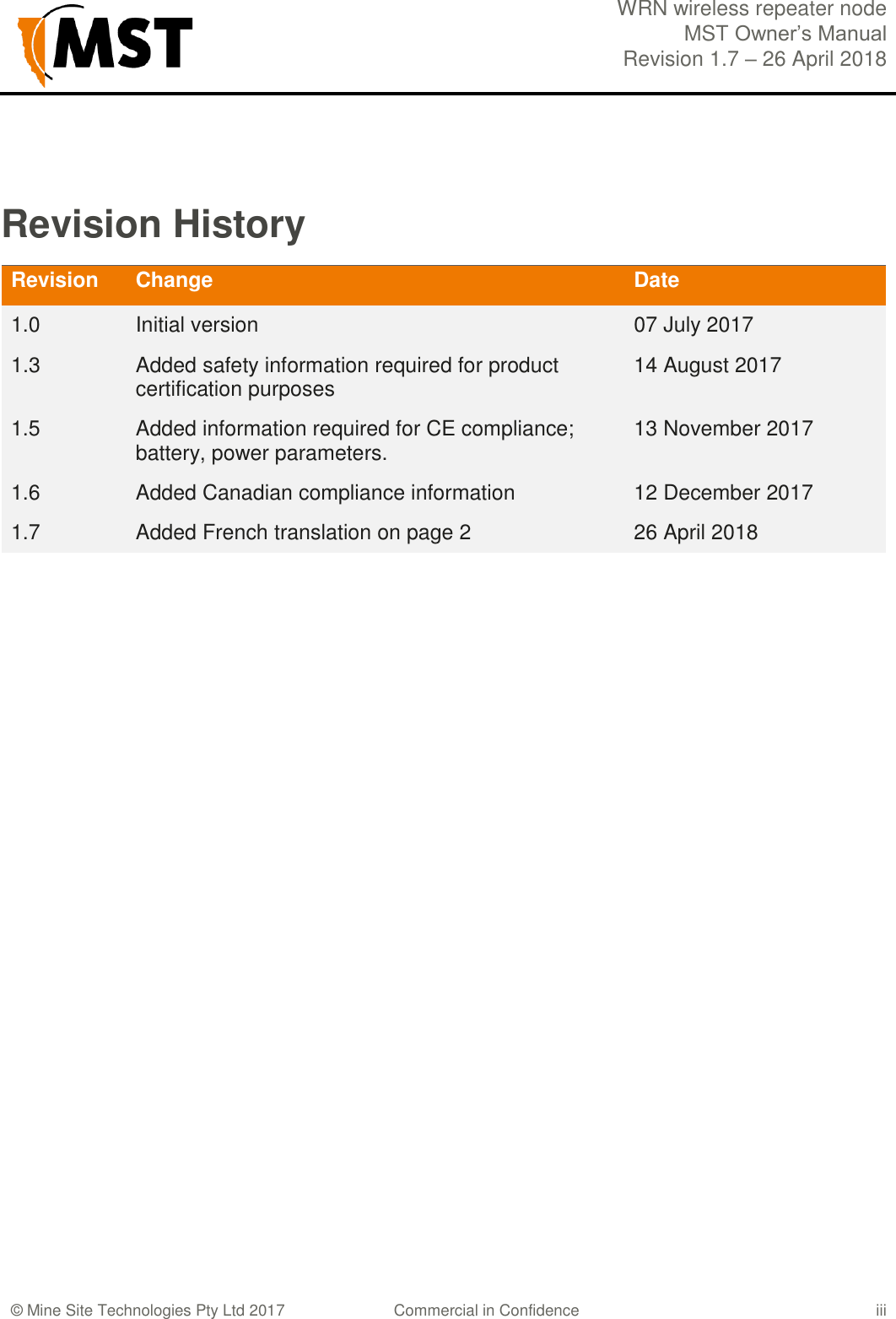  WRN wireless repeater node MST Owner&rsquo;s Manual Revision 1.7 &ndash; 26 April 2018    &copy; Mine Site Technologies Pty Ltd 2017 Commercial in Confidence iii Revision History Revision Change Date 1.0 Initial version 07 July 2017 1.3 Added safety information required for product certification purposes 14 August 2017 1.5 Added information required for CE compliance; battery, power parameters. 13 November 2017 1.6 Added Canadian compliance information 12 December 2017 1.7 Added French translation on page 2 26 April 2018               