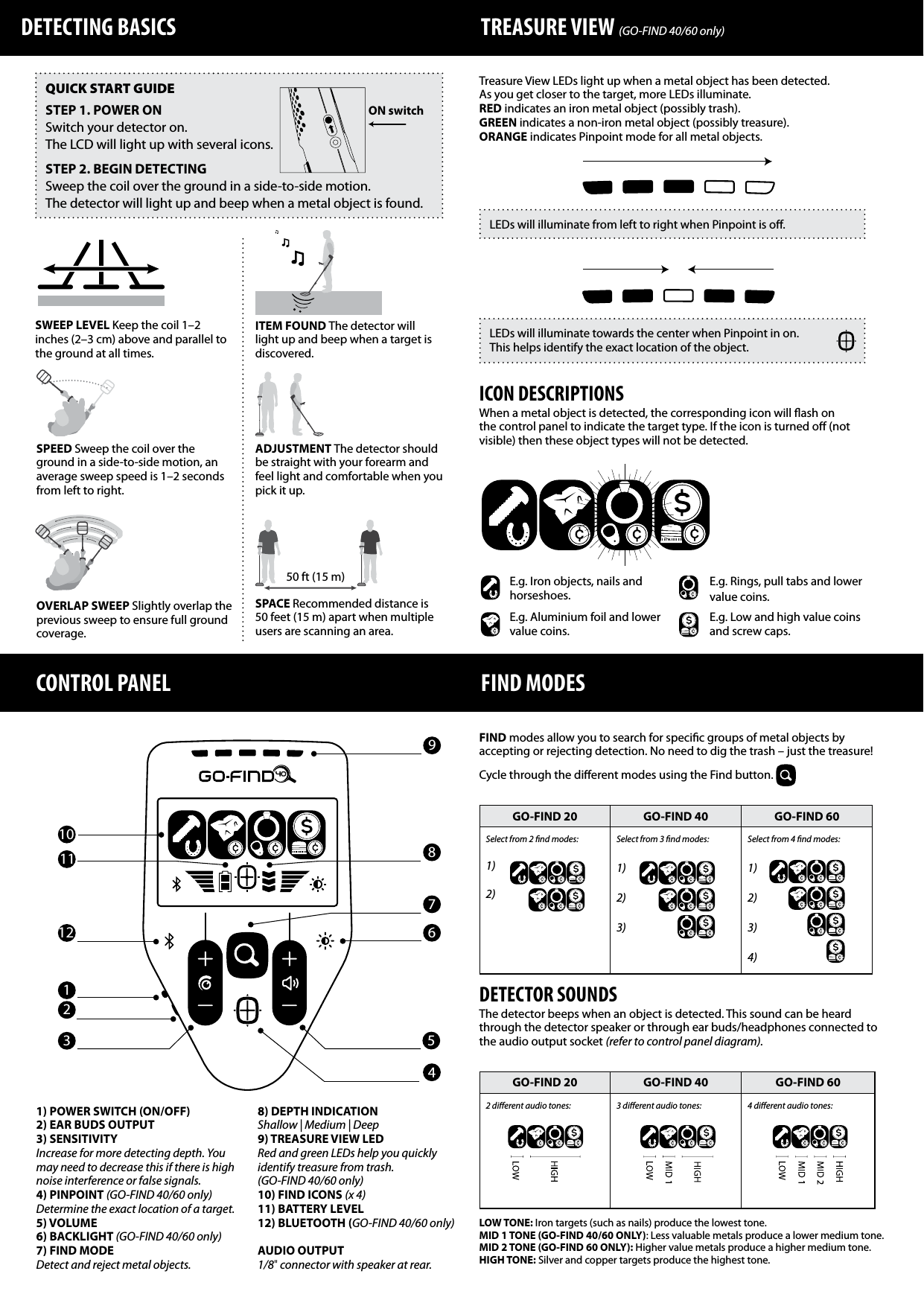 GO‑FIND 20 GO‑FIND 40 GO‑FIND 602 dierent audio tones: 3 dierent audio tones: 4 dierent audio tones: 1) POWER SWITCH (ON/OFF)2) EAR BUDS OUTPUT3) SENSITIVITYIncrease for more detecting depth. You may need to decrease this if there is high noise interference or false signals.4) PINPOINT (GO‑FIND 40/60 only)Determine the exact location of a target.5) VOLUME6) BACKLIGHT (GO‑FIND 40/60 only)7) FIND MODEDetect and reject metal objects.8) DEPTH INDICATIONShallow | Medium | Deep9) TREASURE VIEW LED Red and green LEDs help you quickly identify treasure from trash.(GO‑FIND 40/60 only)10) FIND ICONS (x 4)11) BATTERY LEVEL12) BLUETOOTH (GO‑FIND 40/60 only)AUDIO OUTPUT1/8" connector with speaker at rear.DETECTING BASICS TREASURE VIEW (GO‑FIND 40/60 only) CONTROL PANELGO‑FIND 20 GO‑FIND 40 GO‑FIND 60Select from 2 nd modes:1) 2)Select from 3 nd modes:1) 2) 3) Select from 4 nd modes: 1) 2) 3) 4)QUICK START GUIDESTEP 1. POWER ONSwitch your detector on.The LCD will light up with several icons.STEP 2. BEGIN DETECTINGSweep the coil over the ground in a side-to-side motion.The detector will light up and beep when a metal object is found.FIND MODESFIND modes allow you to search for specic groups of metal objects by accepting or rejecting detection. No need to dig the trash &ndash; just the treasure!Cycle through the dierent modes using the Find button. DETECTOR SOUNDSThe detector beeps when an object is detected. This sound can be heard through the detector speaker or through ear buds/headphones connected to the audio output socket (refer to control panel diagram).SWEEP LEVEL Keep the coil 1&ndash;2 inches (2&ndash;3 cm) above and parallel to the ground at all times. SPEED Sweep the coil over the ground in a side-to-side motion, an average sweep speed is 1&ndash;2 seconds from left to right.ADJUSTMENT The detector should be straight with your forearm and feel light and comfortable when you pick it up.SPACE Recommended distance is 50 feet (15 m) apart when multiple users are scanning an area.OVERLAP SWEEP Slightly overlap the previous sweep to ensure full ground coverage.1234567911 810Treasure View LEDs light up when a metal object has been detected. As you get closer to the target, more LEDs illuminate.RED indicates an iron metal object (possibly trash).GREEN indicates a non-iron metal object (possibly treasure).ORANGE indicates Pinpoint mode for all metal objects.LEDs will illuminate from left to right when Pinpoint is o.ICON DESCRIPTIONSWhen a metal object is detected, the corresponding icon will ash on the control panel to indicate the target type. If the icon is turned o (not visible) then these object types will not be detected. ITEM FOUND The detector will light up and beep when a target is discovered. LOW TONE: Iron targets (such as nails) produce the lowest tone.MID 1 TONE (GO‑FIND 40/60 ONLY): Less valuable metals produce a lower medium tone.MID 2 TONE (GO‑FIND 60 ONLY): Higher value metals produce a higher medium tone.HIGH TONE: Silver and copper targets produce the highest tone.E.g. Iron objects, nails and horseshoes.E.g. Aluminium foil and lower value coins.E.g. Rings, pull tabs and lower value coins.E.g. Low and high value coins and screw caps.LEDs will illuminate towards the center when Pinpoint in on.  This helps identify the exact location of the object.12ON switch50 ft (15 m)
