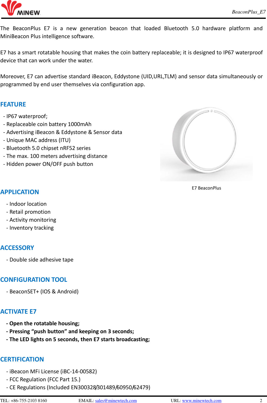 Page 2 of Minew Technologies E7 Digital Broadcasting Device - iBeacon/Eddystone User Manual