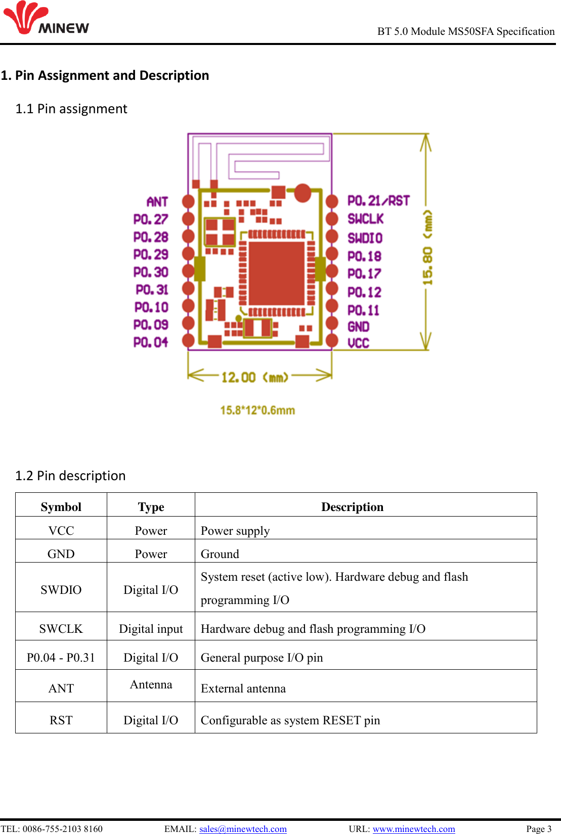   TEL: 0086-755-2103 8160                          EMAIL: sales@minewtech.com                          URL: www.minewtech.com                              Page 3                                                     BT 5.0 Module MS50SFA Specification 1. Pin Assignment and Description   1.1 Pin assignment             1.2 Pin description Symbol Type                                       Description VCC Power Power supply GND Power Ground SWDIO Digital I/O System reset (active low). Hardware debug and flash programming I/O programming I/O. SWCLK Digital input Hardware debug and flash programming I/O P0.04 - P0.31 Digital I/O General purpose I/O pin ANT Antenna output External antenna RST Digital I/O Configurable as system RESET pin       